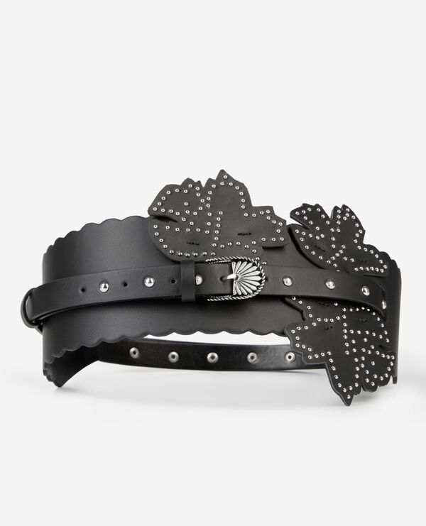 wide black leather belt with flower inserts