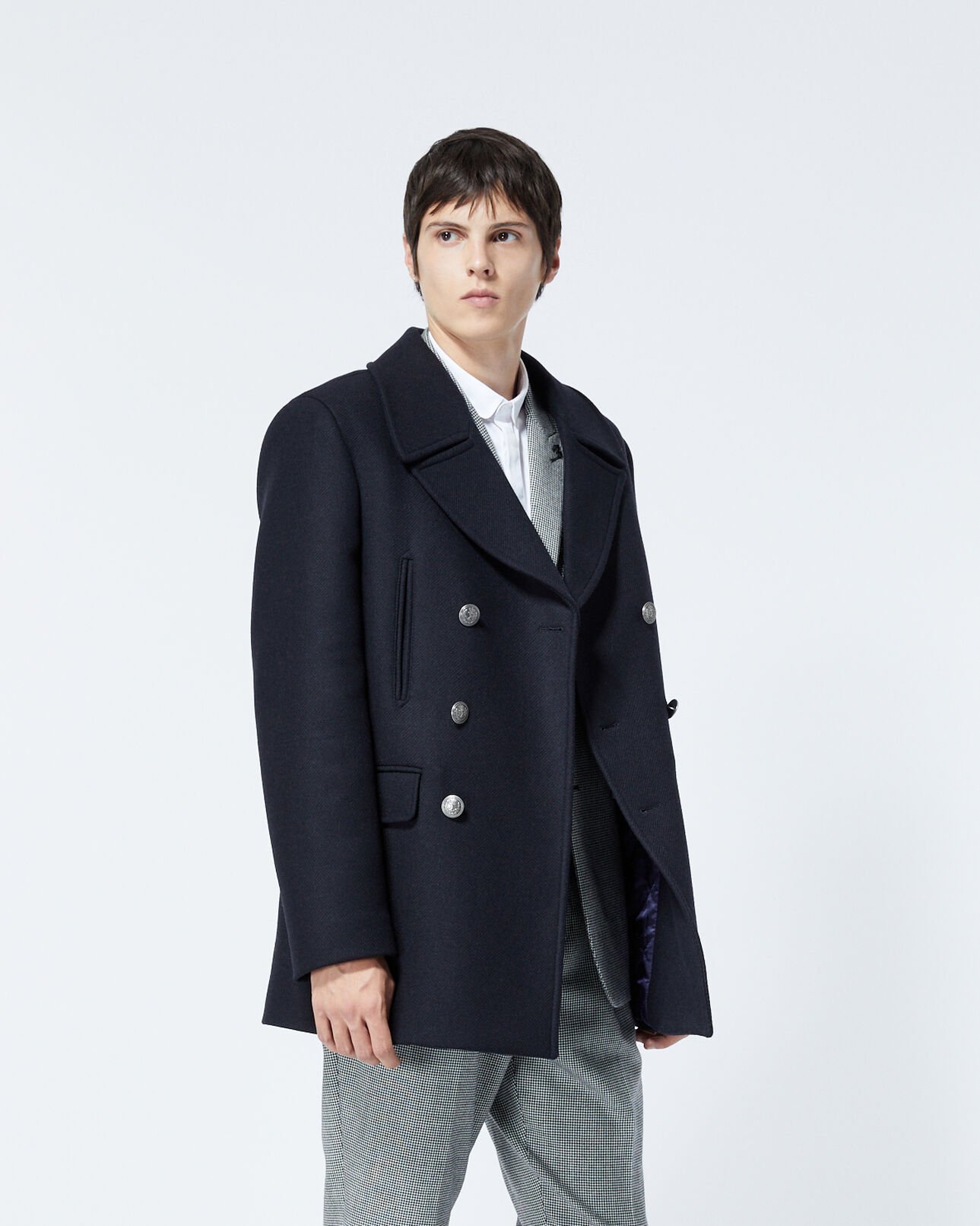 The Kooples MEN NAVY navy blue wool pea coat with black buttons