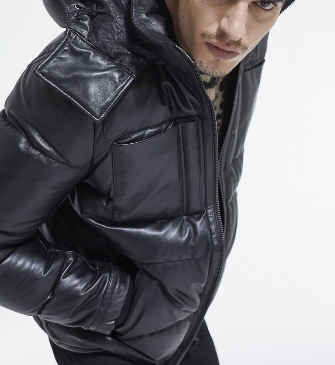 Mens leather deals down coat