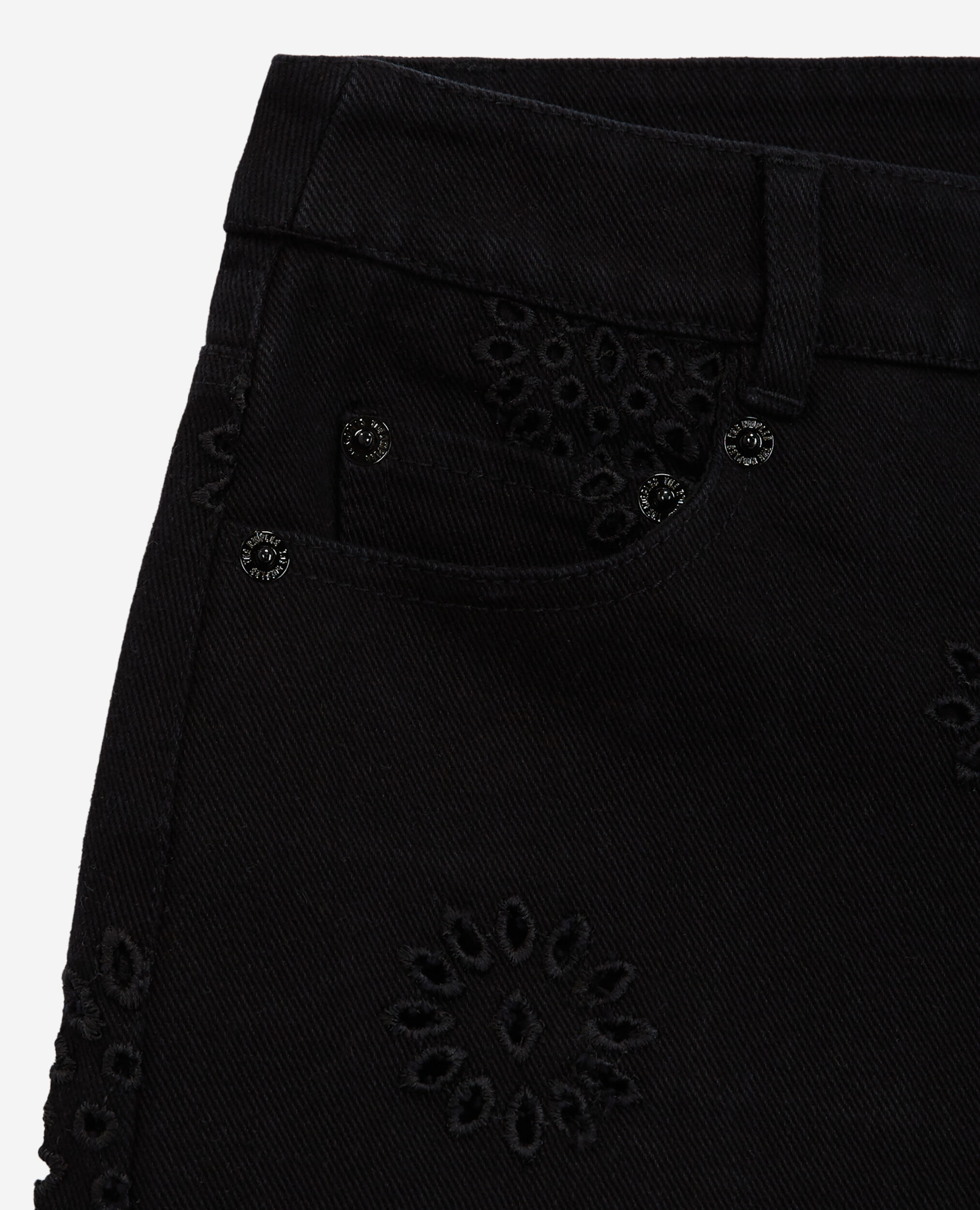 Schwarze Denimshorts mit englischer Stickerei, BLACK, hi-res image number null