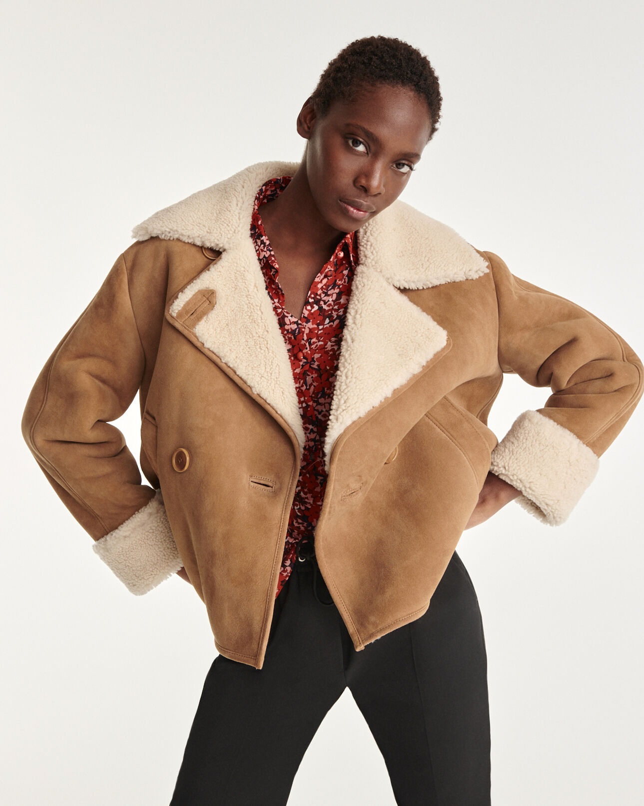 The Kooples WOMEN BEIGE cropped beige jacket in sheepskin