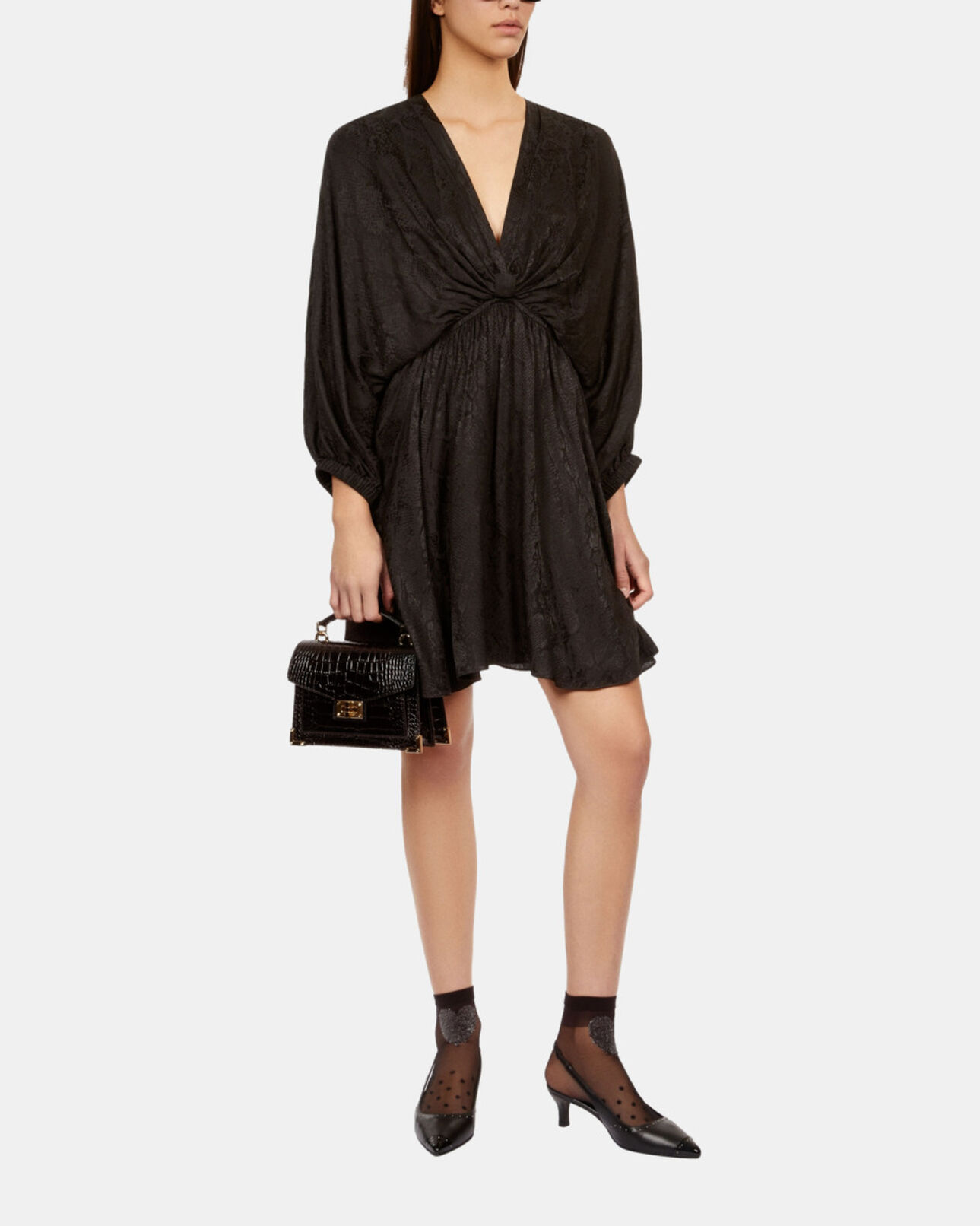 The Kooples DAMEN BLACK schwarzes kurzes jacquardkleid in pythonoptik mit drapierung