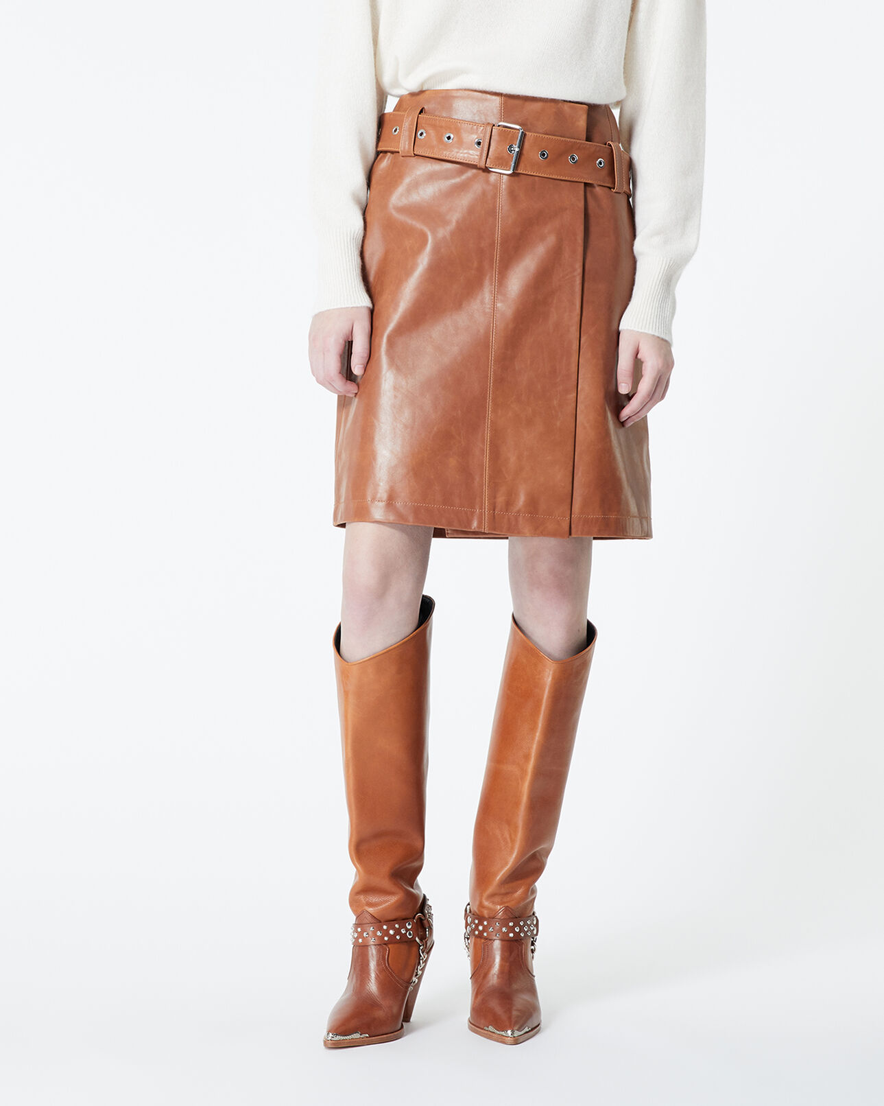 The Kooples FEMME BROWN jupe courte cuir marron ceinturée