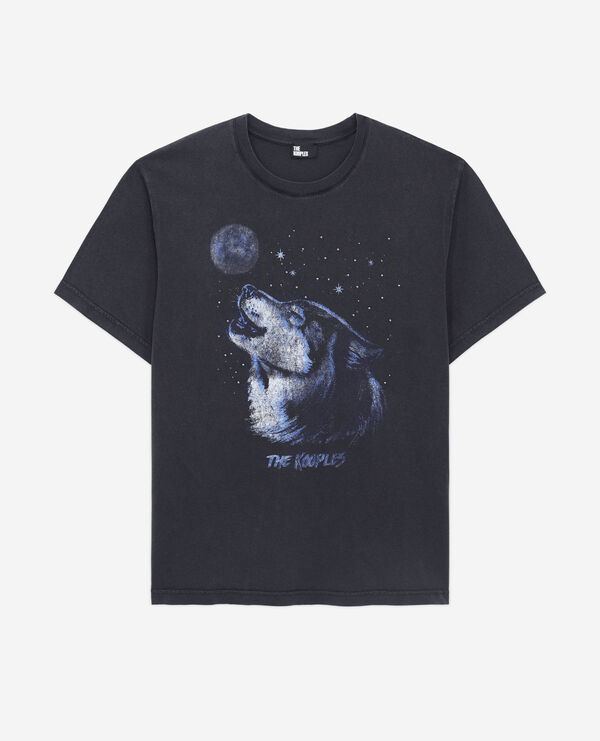schwarzes t-shirt damen mit „wolf“-siebdruck