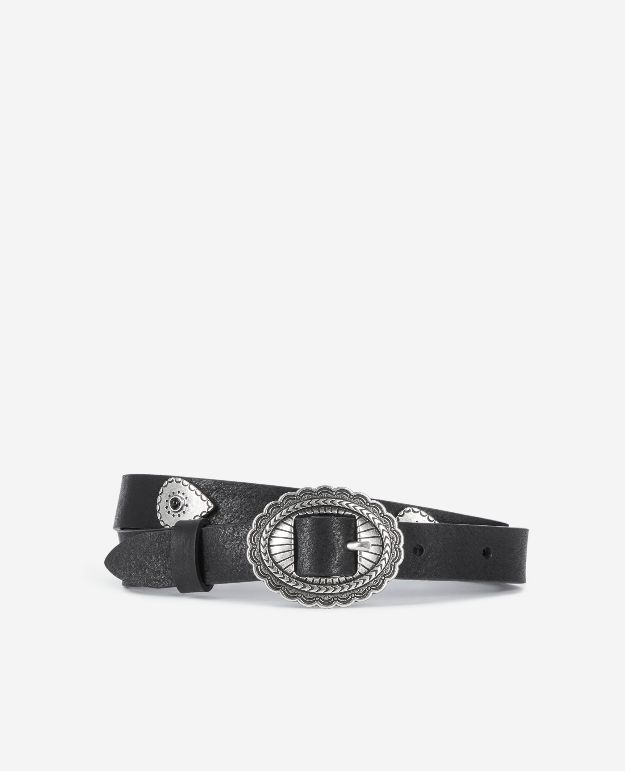 Thin black leather belt with rivets, BLACK, hi-res image number null