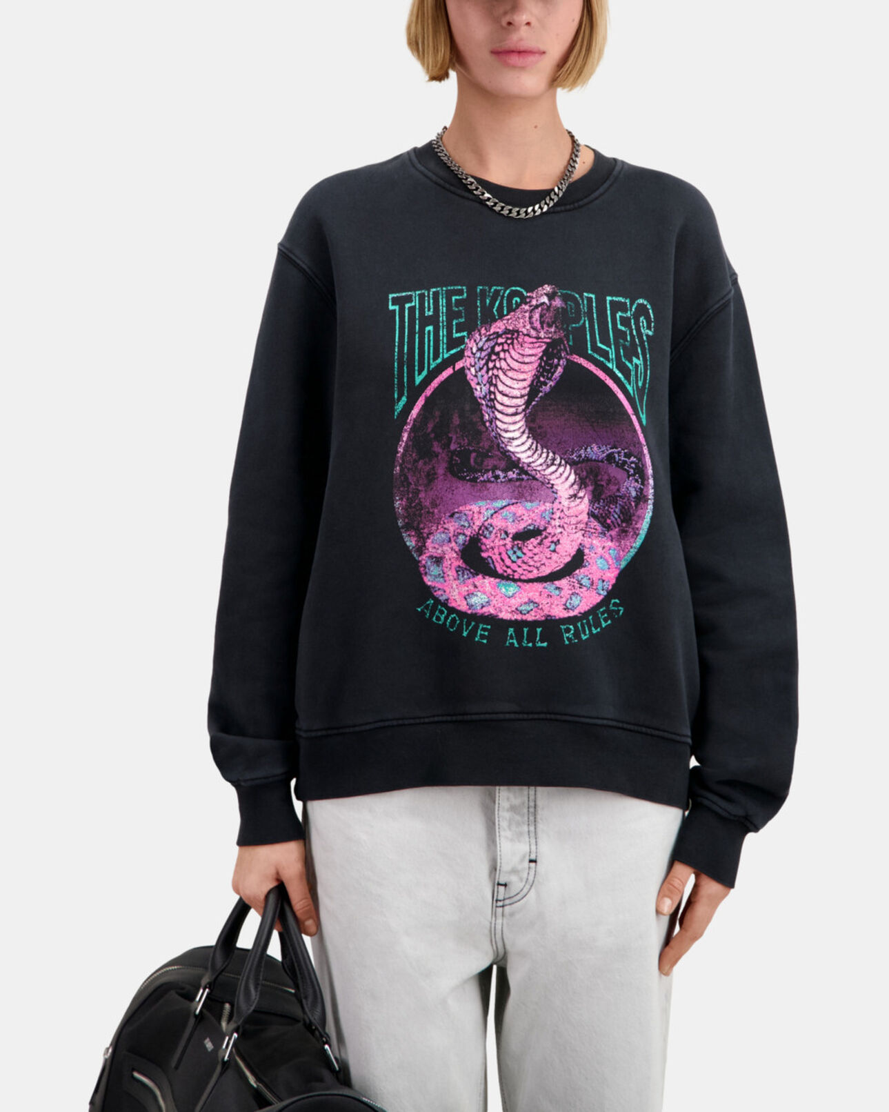 The Kooples WOMEN BLACK WASHED women's black sweatshirt with cobra serigraphy
