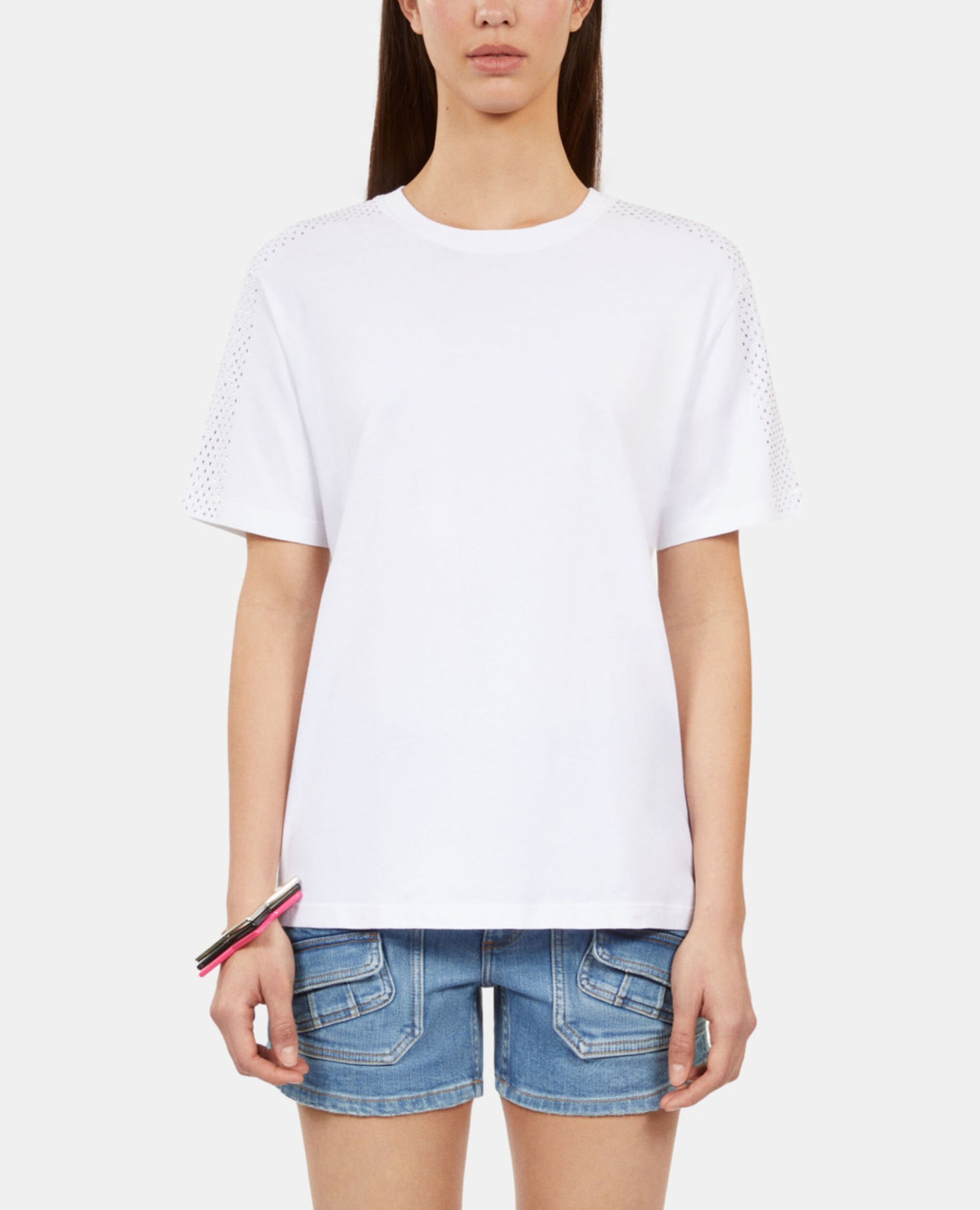 Weißes T-Shirt mit Strassbesatz für Damen, WHITE, hi-res image number null