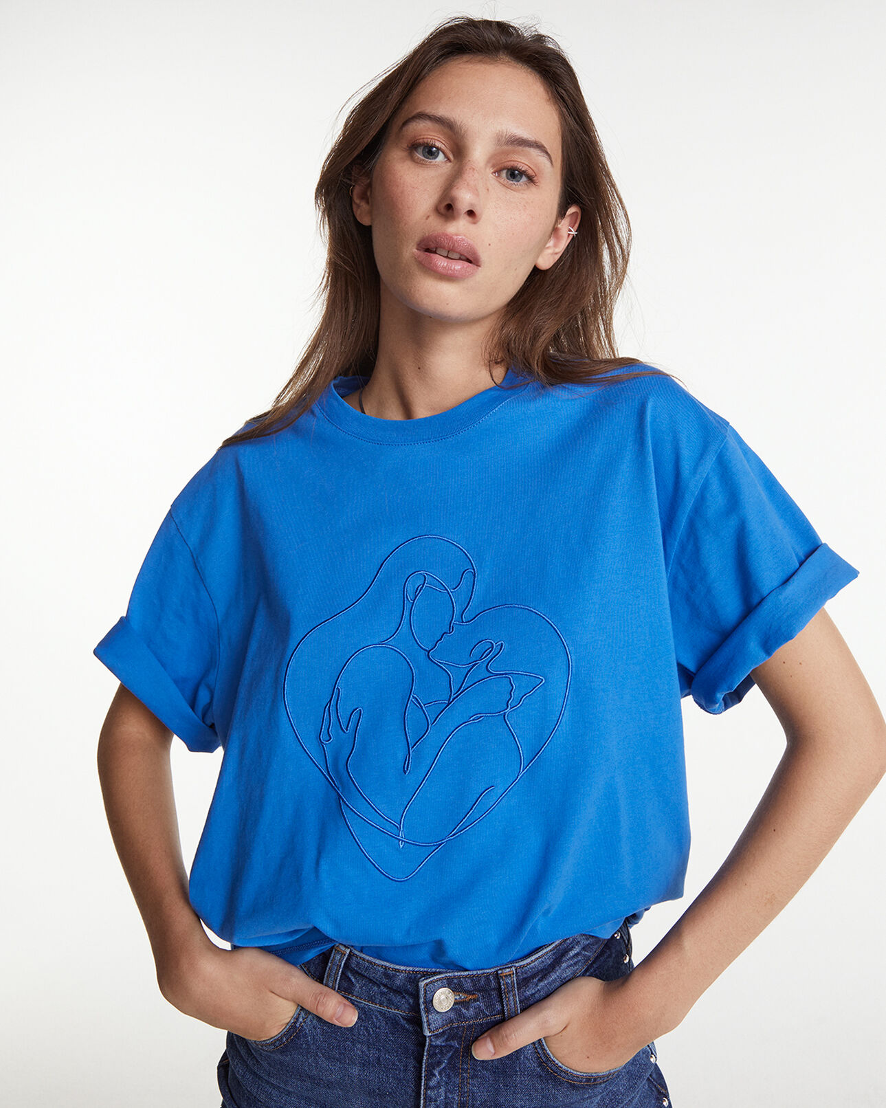 The Kooples MEN BLUE blue cotton t-shirt with tone-on-tone embroidery