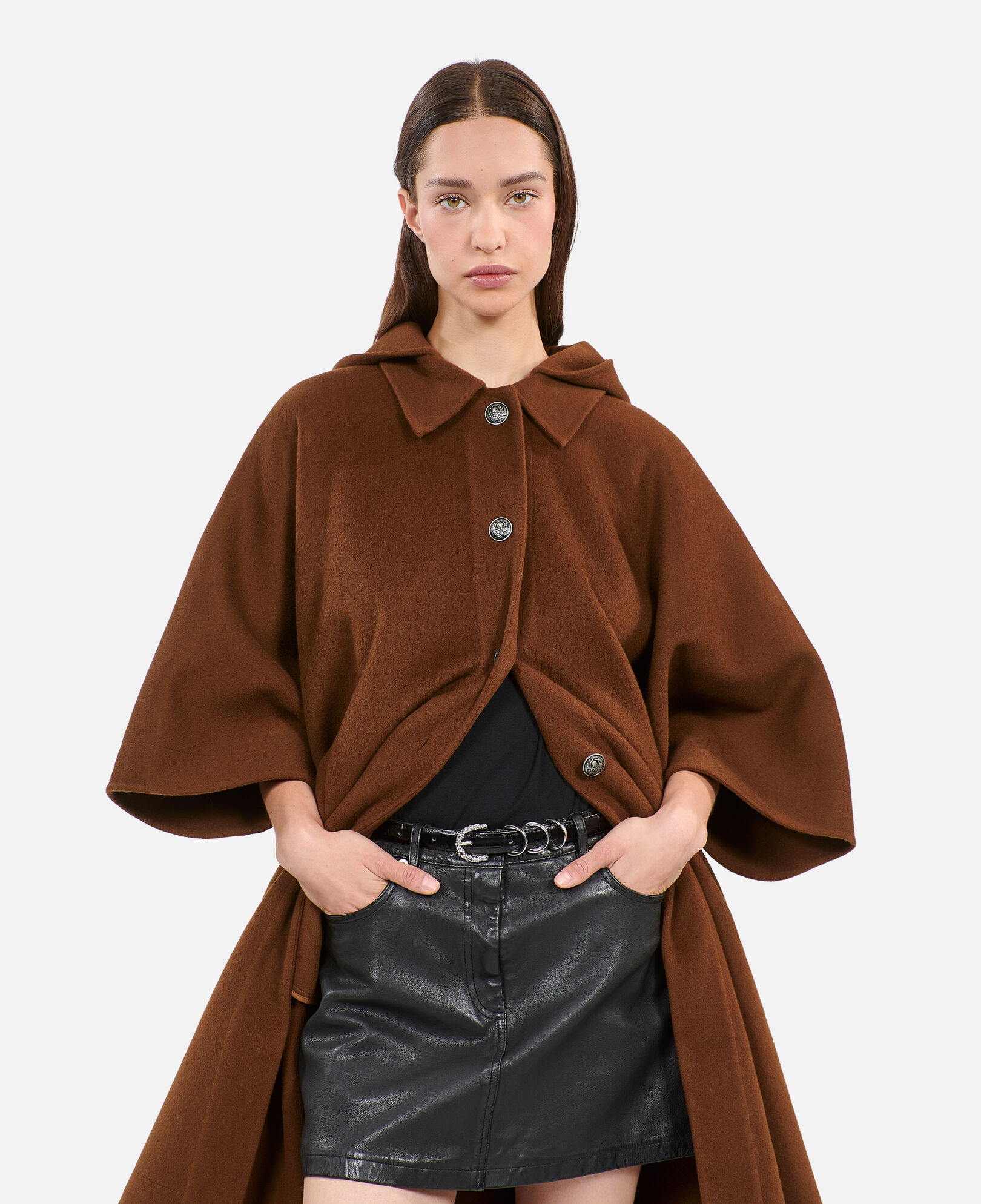 The Kooples WOMEN DARK BROWN brown wool blend long hooded cape