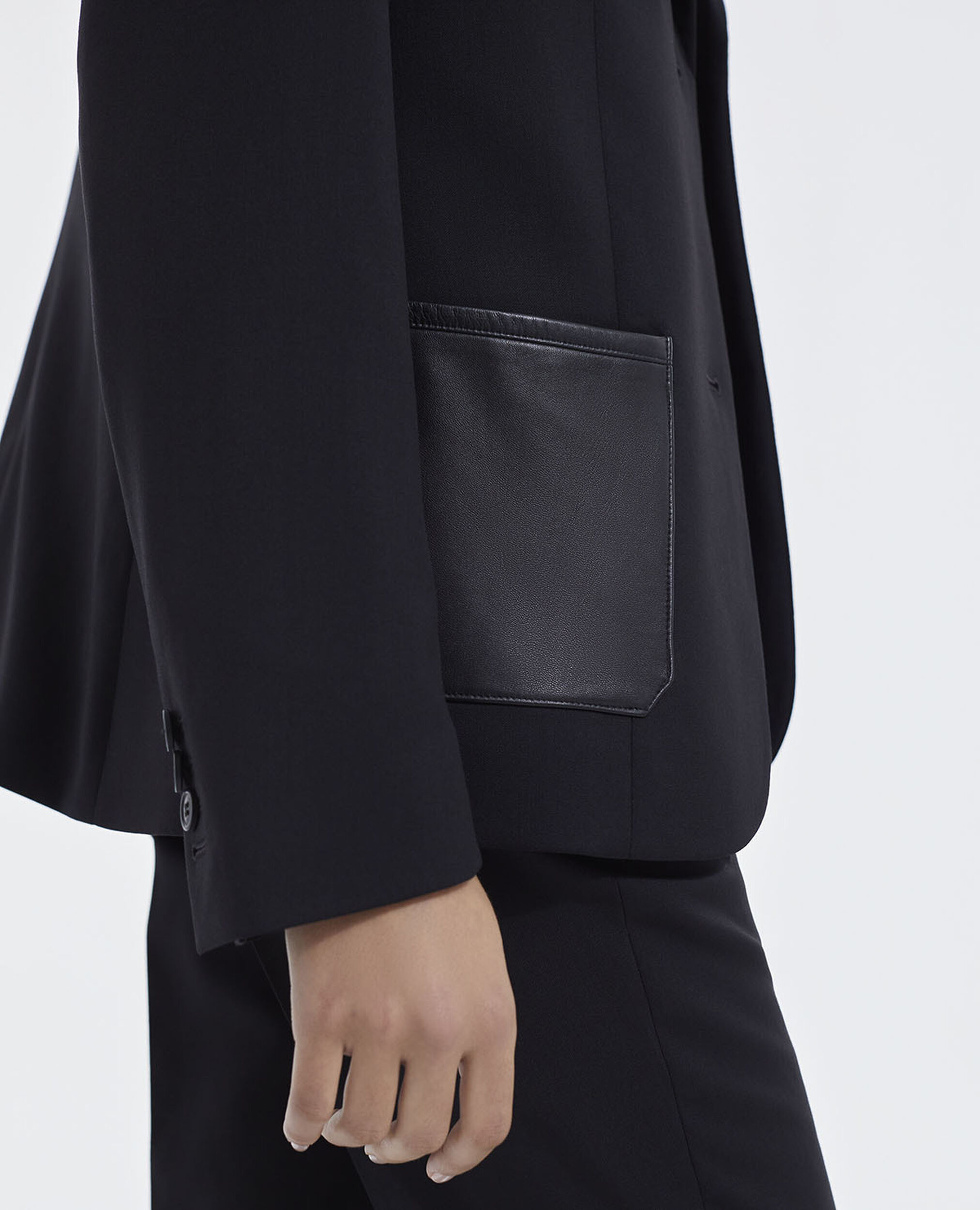 Veste laine noire ajustée poches cuir, BLACK, hi-res image number null