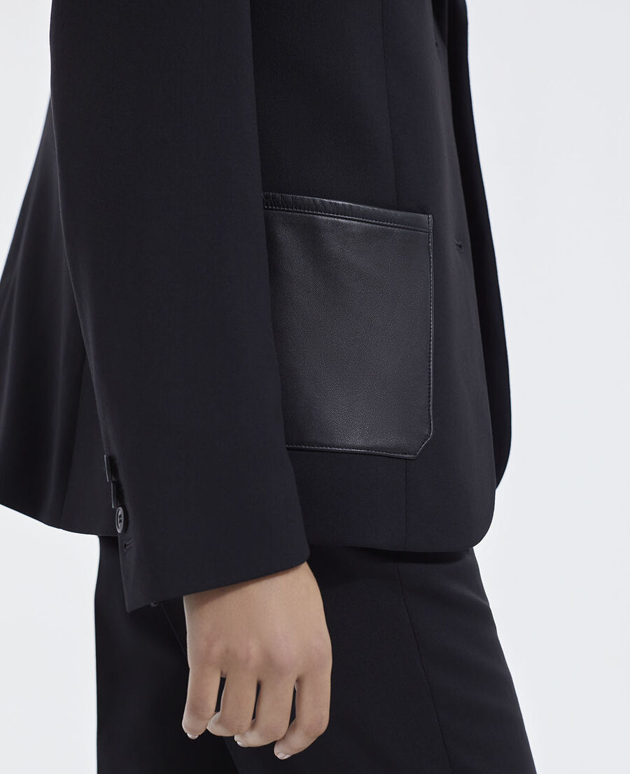 veste laine noire ajustée poches cuir