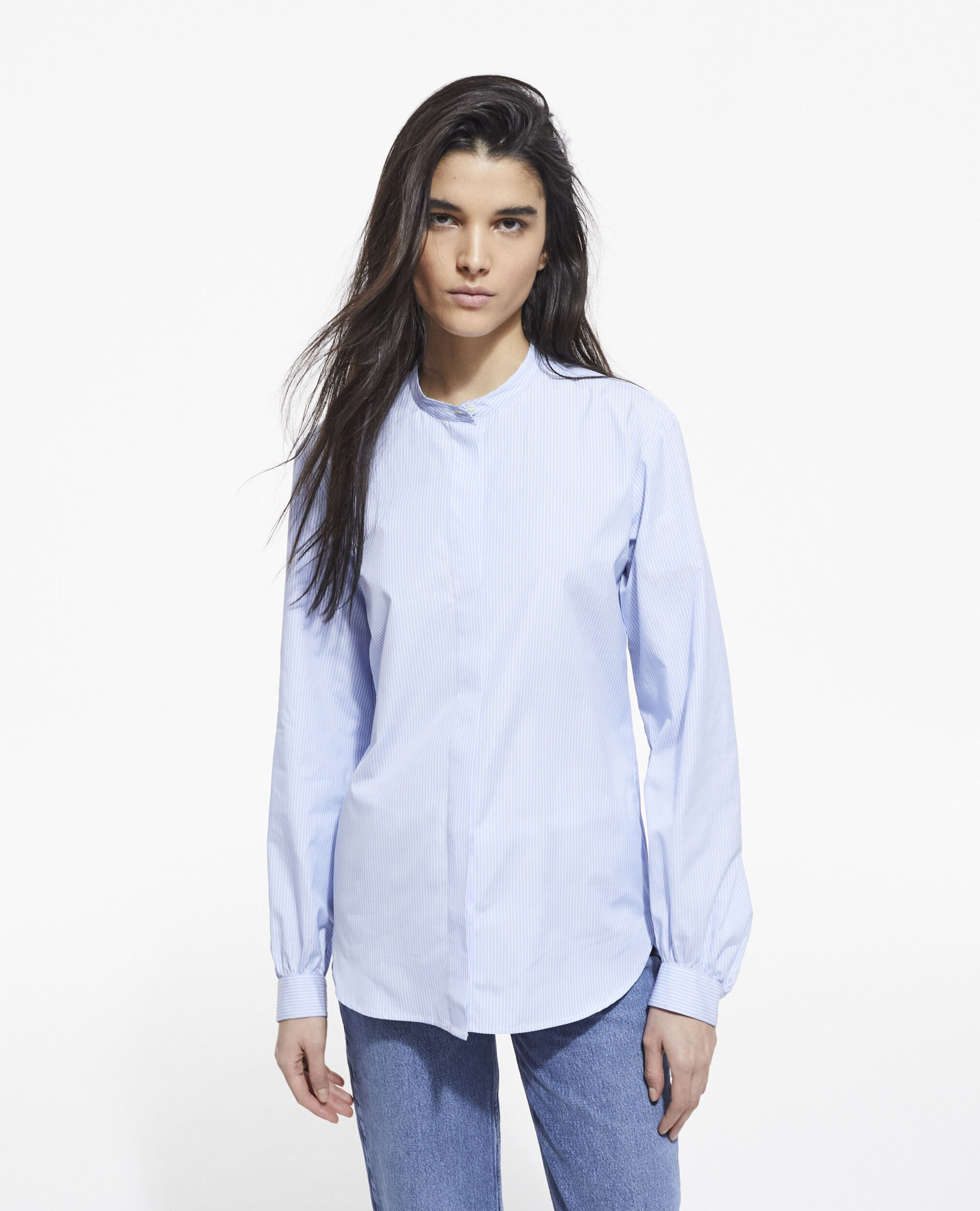 Blue shirt with Mao-neck, BLUE WHITE, hi-res image number null
