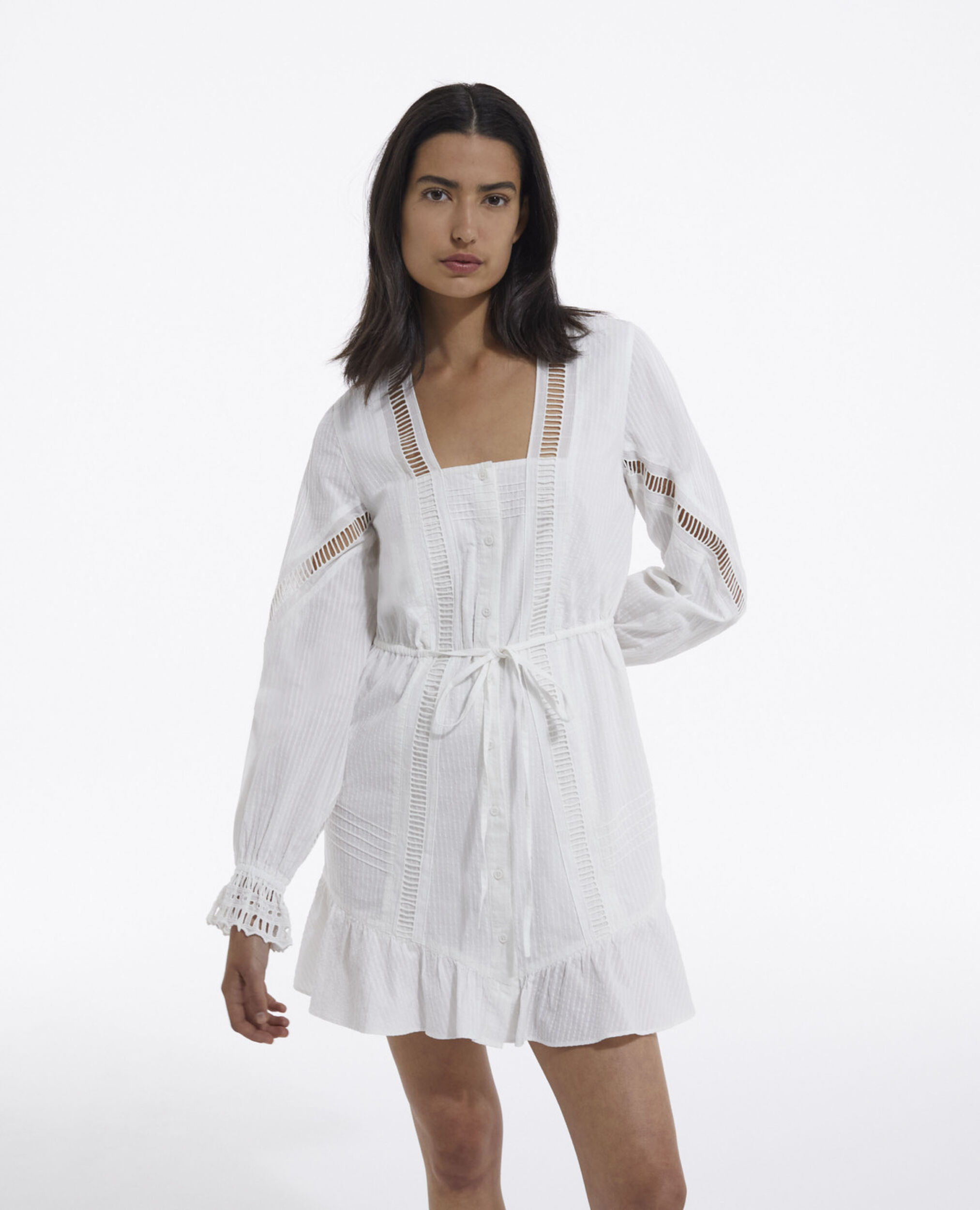 Short white light dress with embroidery, OFF WHITE, hi-res image number null