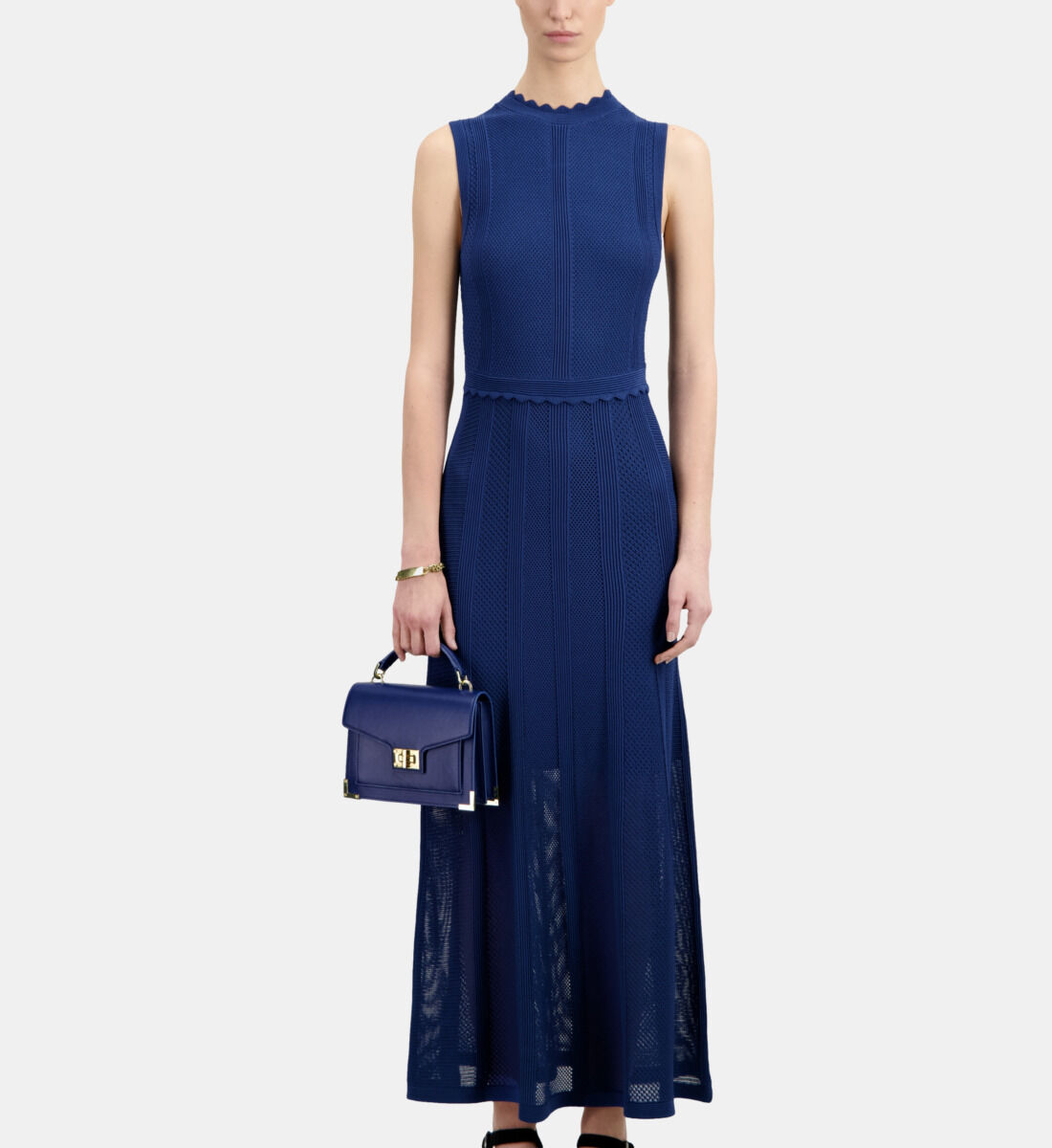 Long royal blue openwork knit dress The Kooples UK