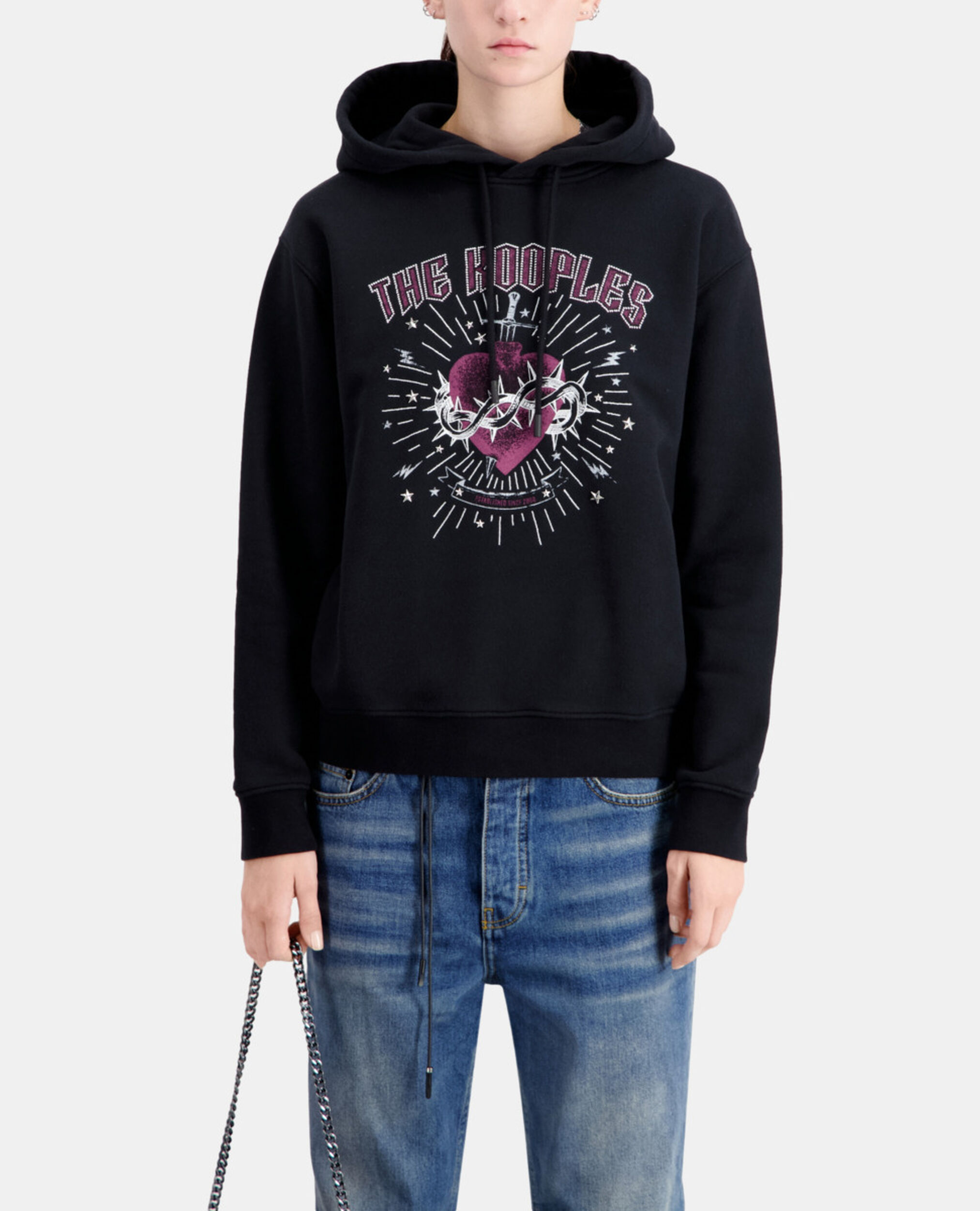 Women's Black hoodie with Dagger through heart serigraphy, BLACK WASHED, hi-res image number null