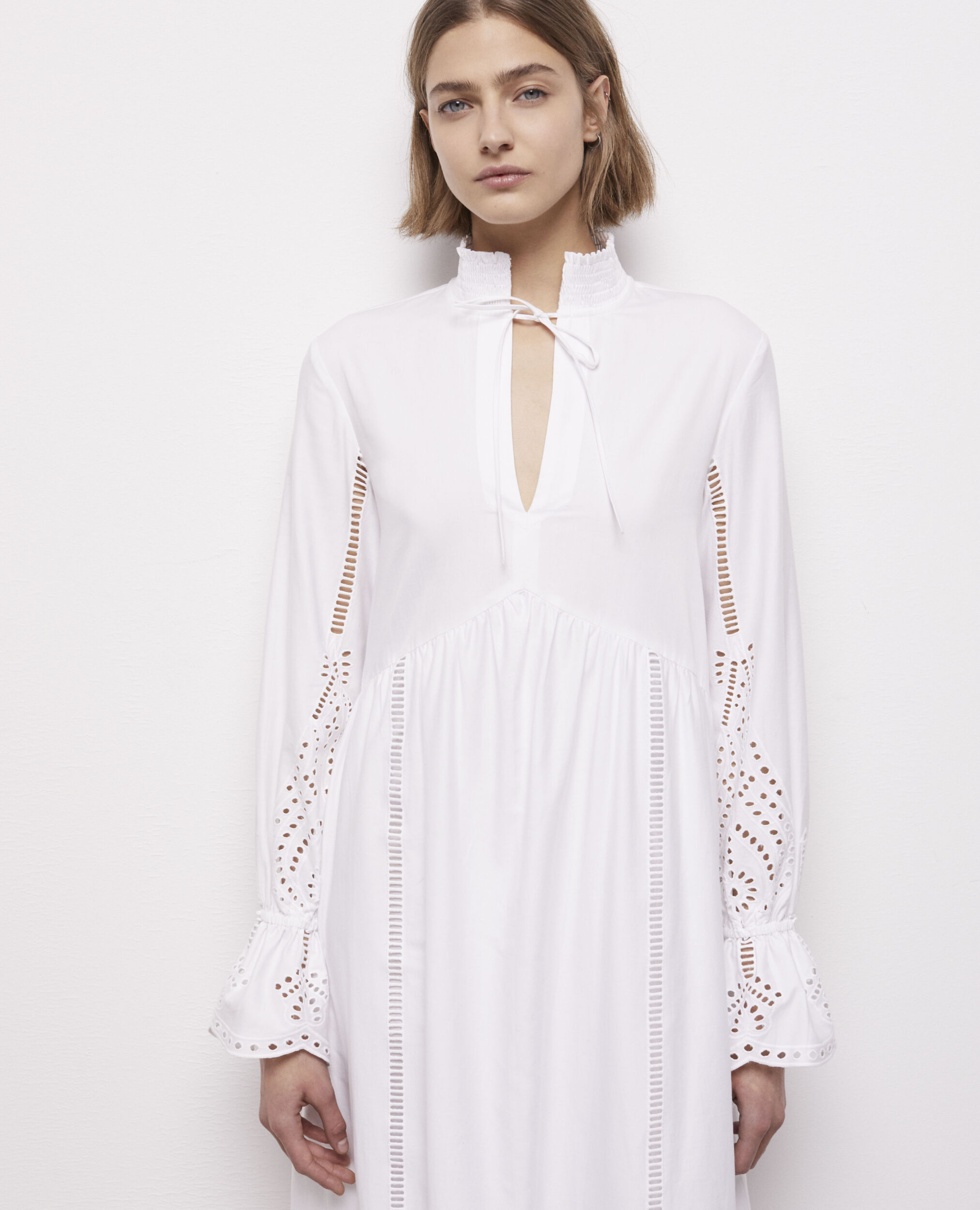 Long white dress with broderie anglaise, WHITE, hi-res image number null