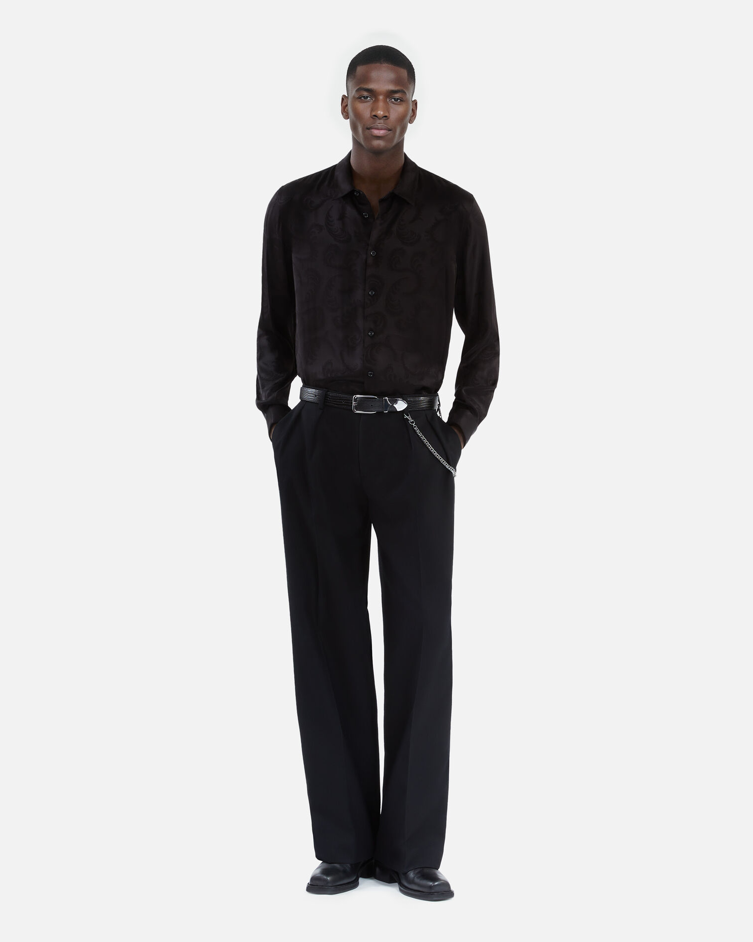 Chemise jacquard plumes noire, BLACK, hi-res image number null