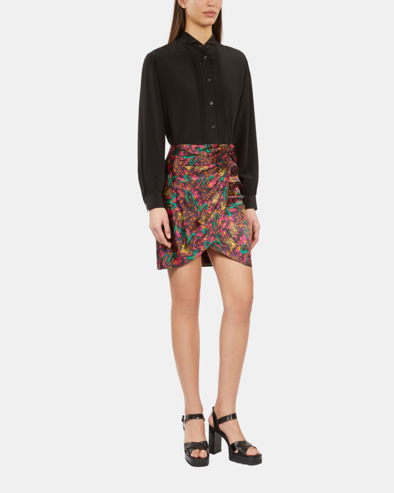 The Kooples WOMEN MULTICOLOR multicolor featherprint short silk skirt with draping