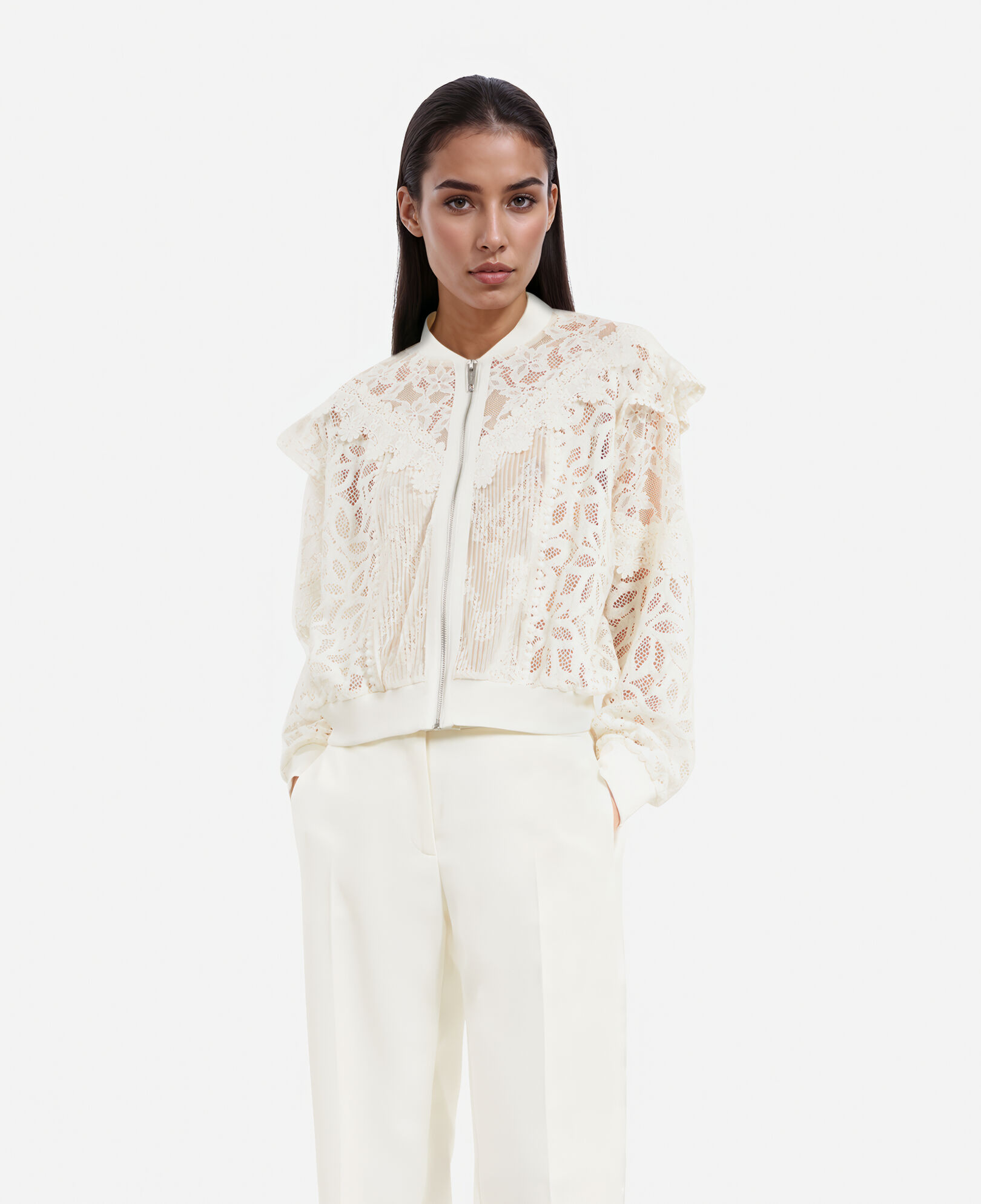 The Kooples FEMME ECRU veste à volants en dentelle écrue