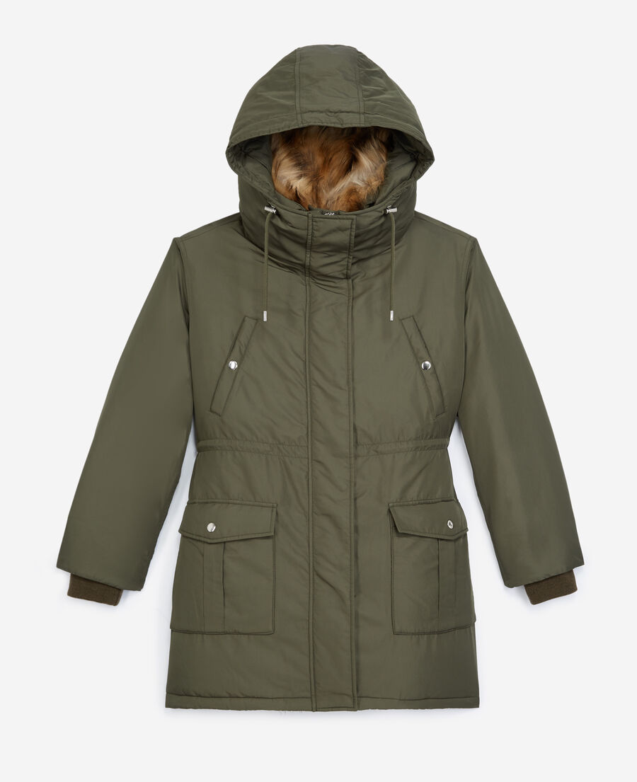 hooded parka with faux fur in green