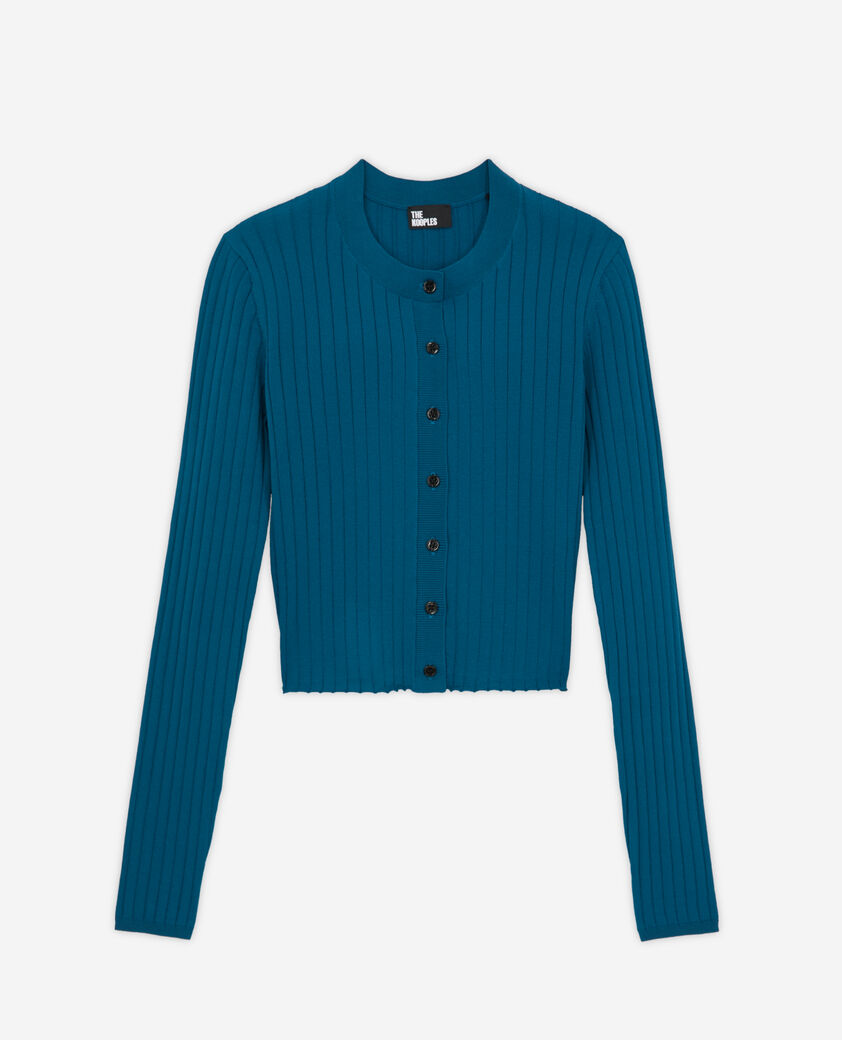 The Kooples WOMEN MEDIUM BLUE short ribbed blue cardigan