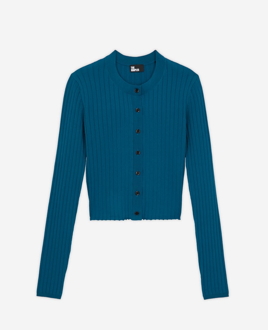 The Kooples WOMEN MEDIUM BLUE short ribbed blue cardigan