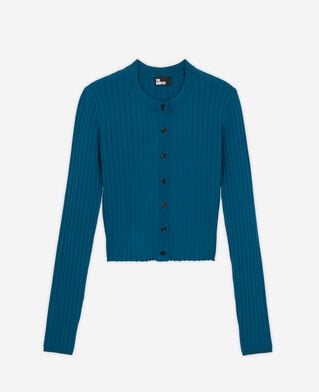The Kooples WOMEN MEDIUM BLUE short ribbed blue cardigan