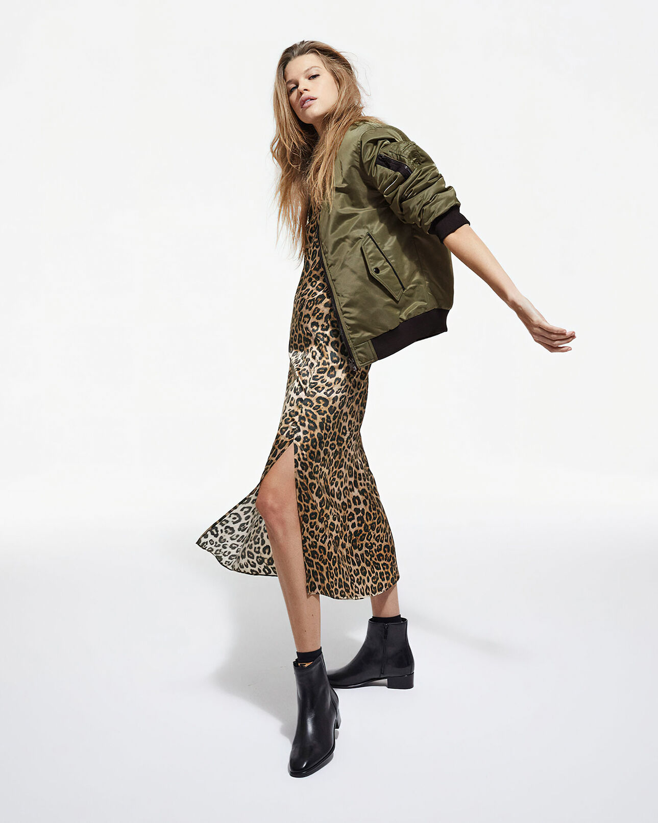 The Kooples FEMME KAKI bomber kaki doublure léopard