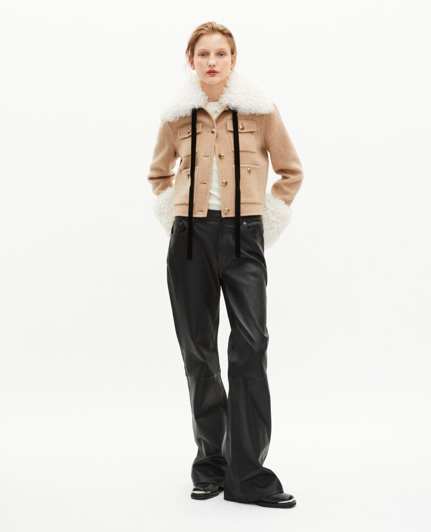The Kooples FEMME BEIGE LINEN blouson court en laine col sherpa beige