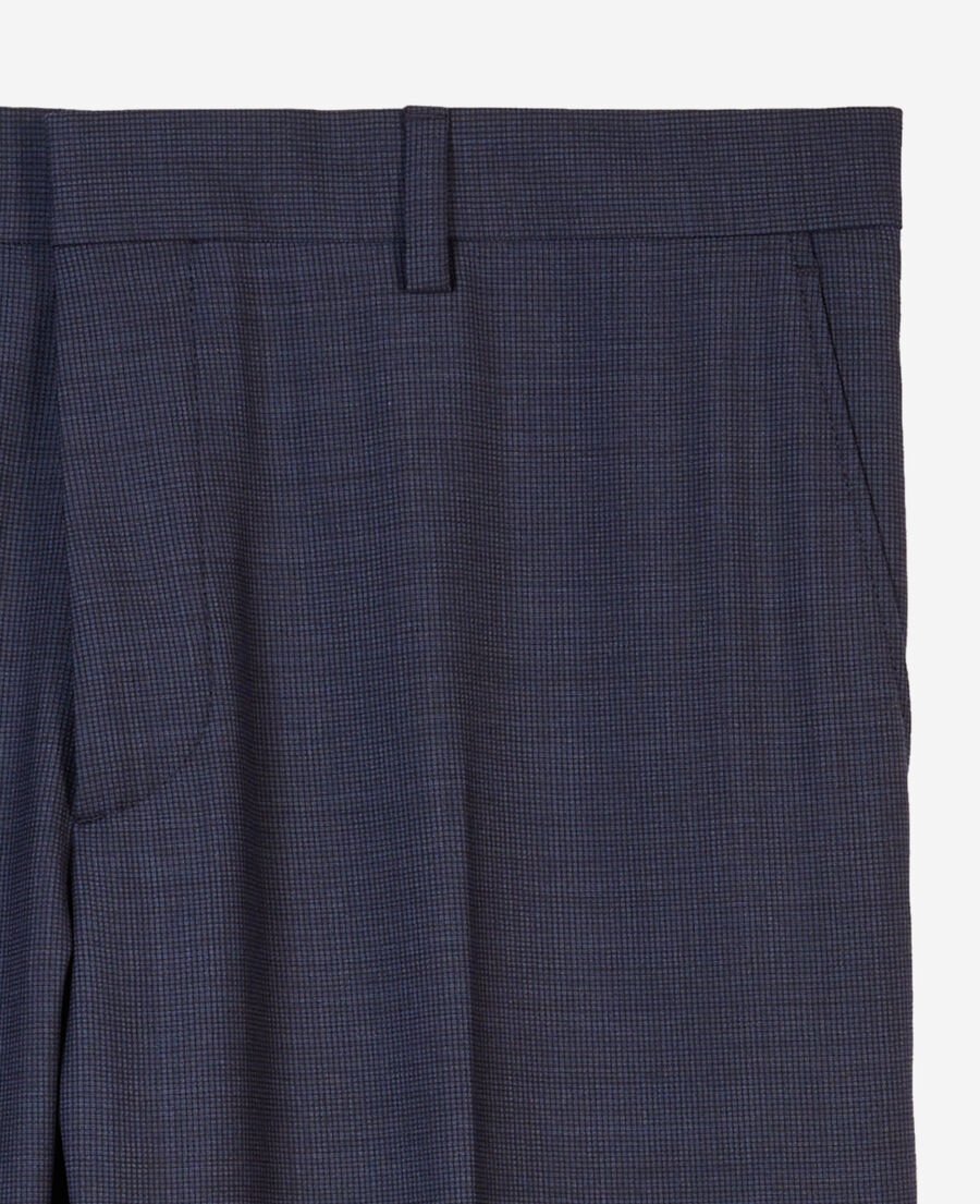 navy blue micro-check wool suit trousers