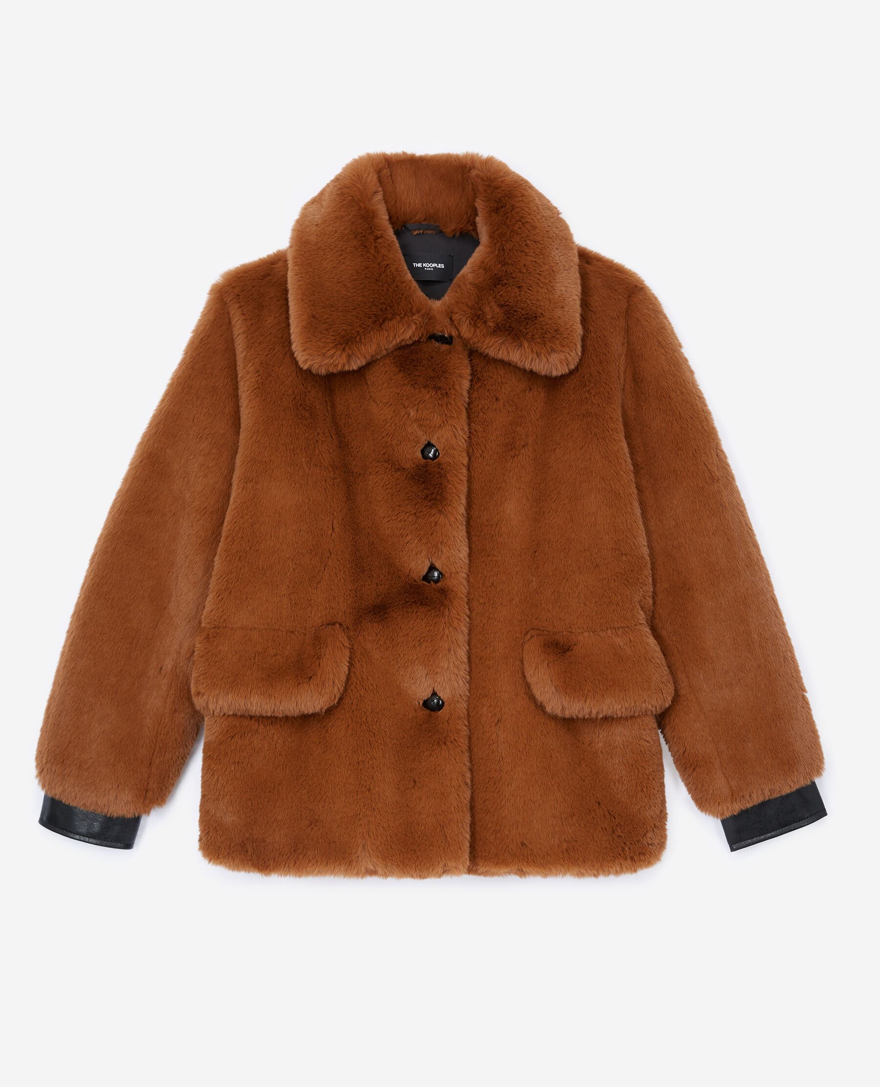 Brown faux fur coat with leather details