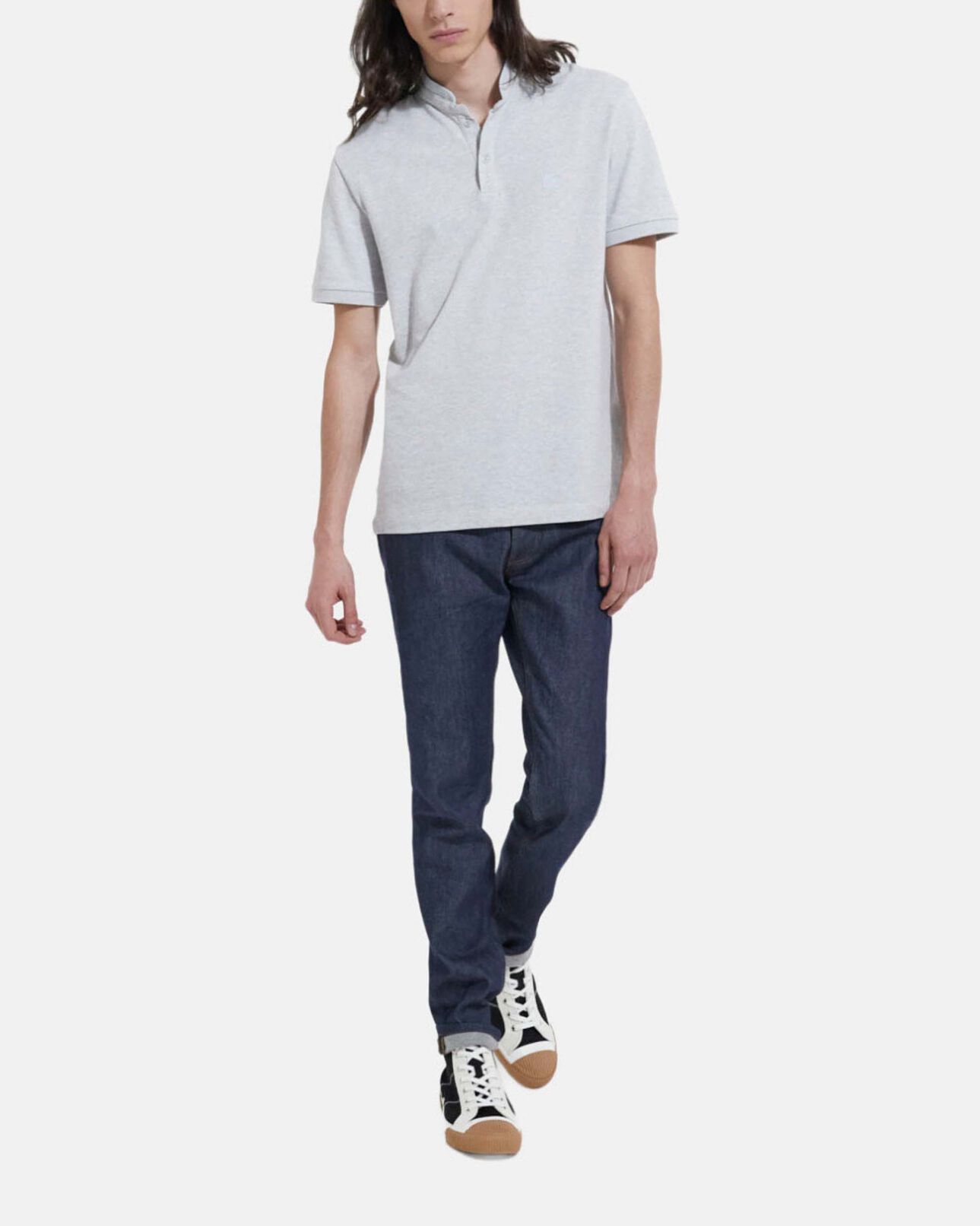 The Kooples HOMME LIGHT GREY MELANGE / BLUE polo gris clair coton col officier brodé