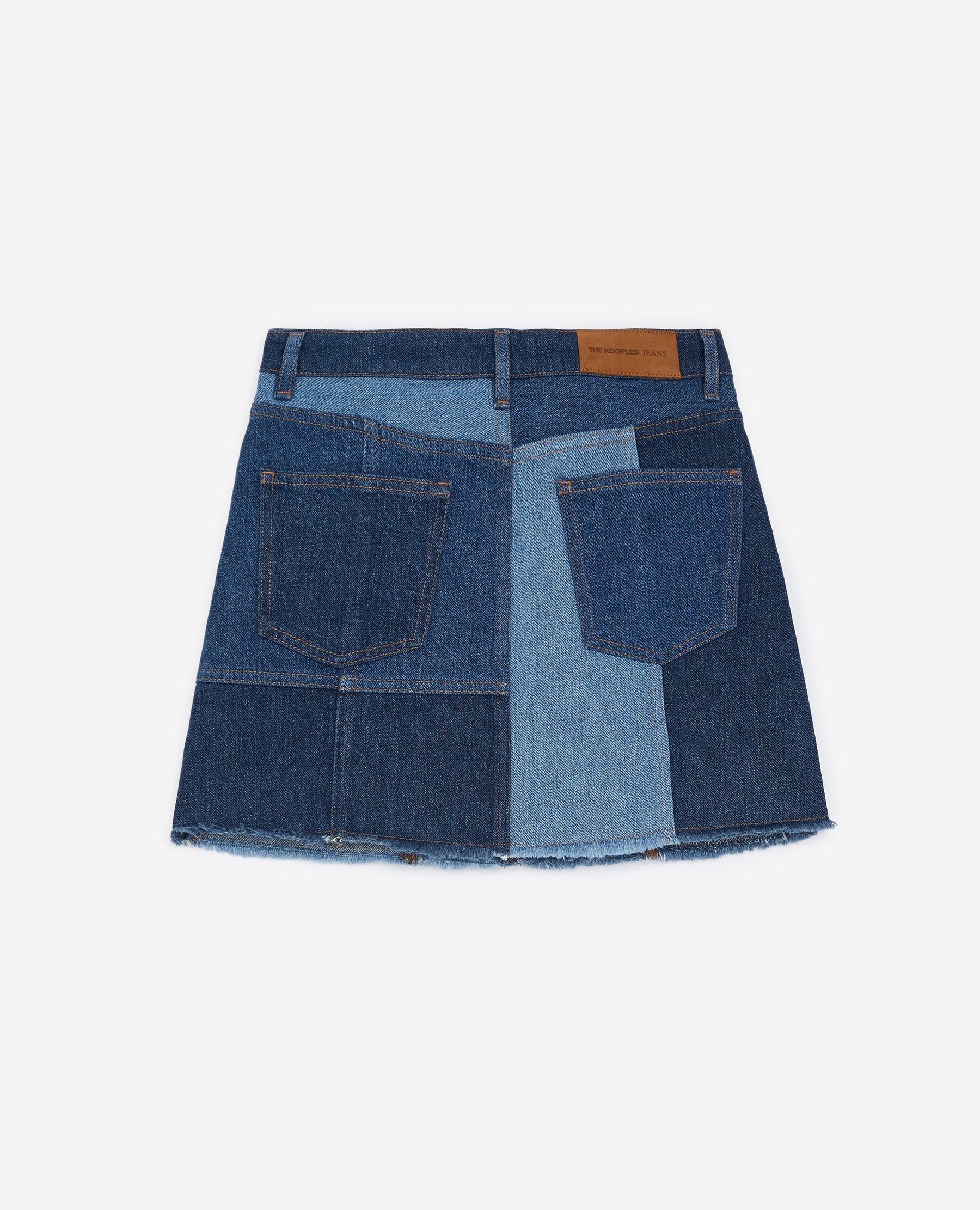 Jupe courte jean bleu effet patchwork