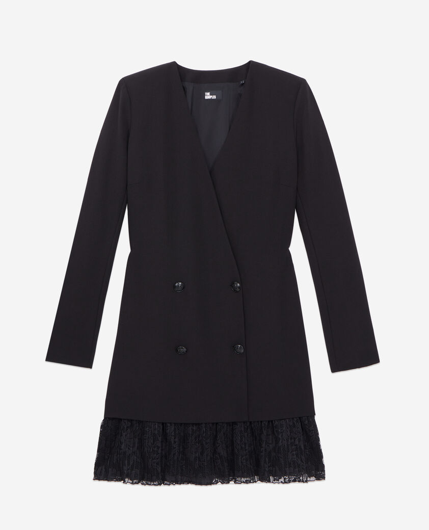 The Kooples FEMME BLACK robe courte noire effet tailleur en cr&ecirc;pe et dentelle