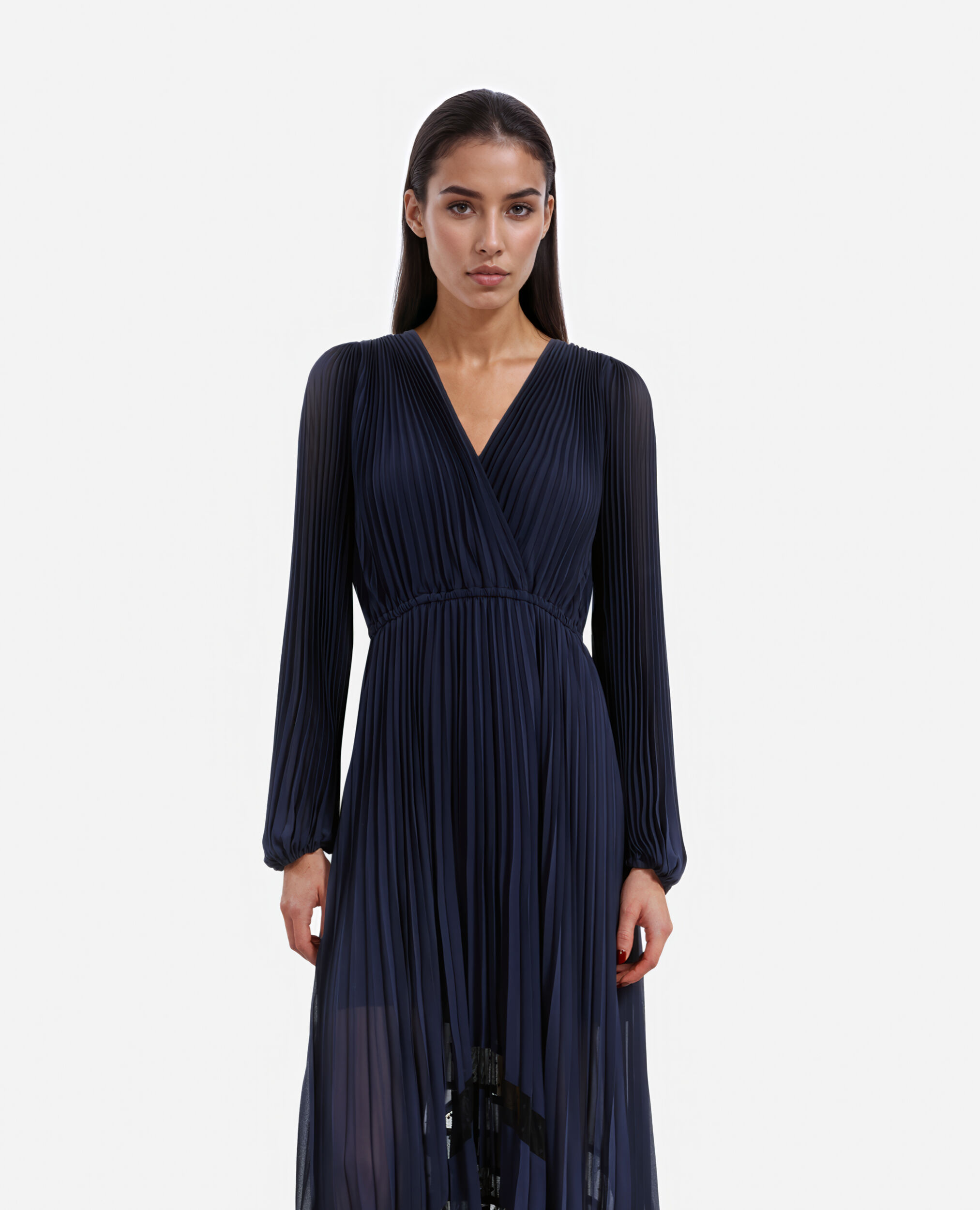 Langes marineblaues Kleid mit Plissierung, NAVY, hi-res image number null