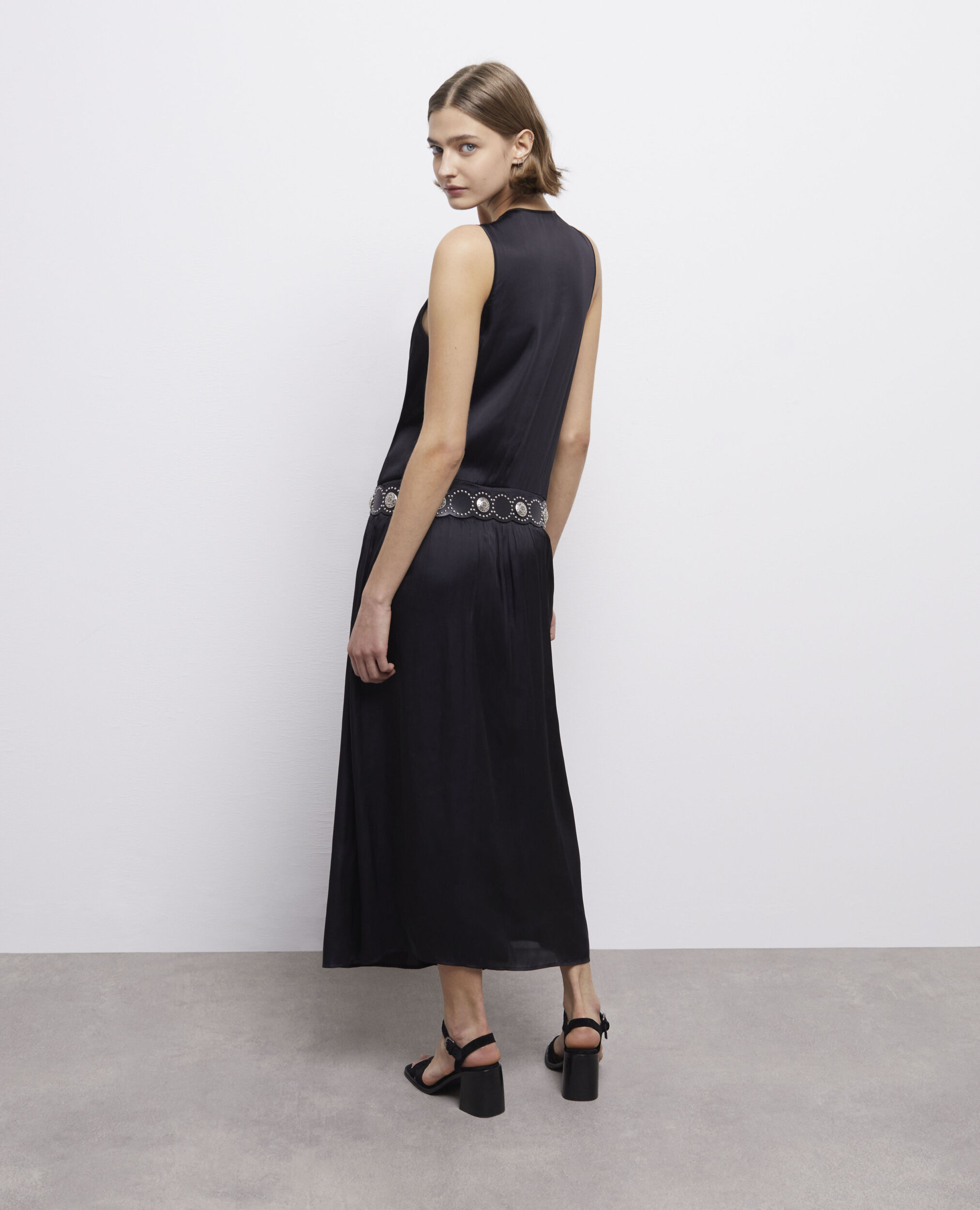 Vestido largo negro satinado, BLACK, hi-res image number null