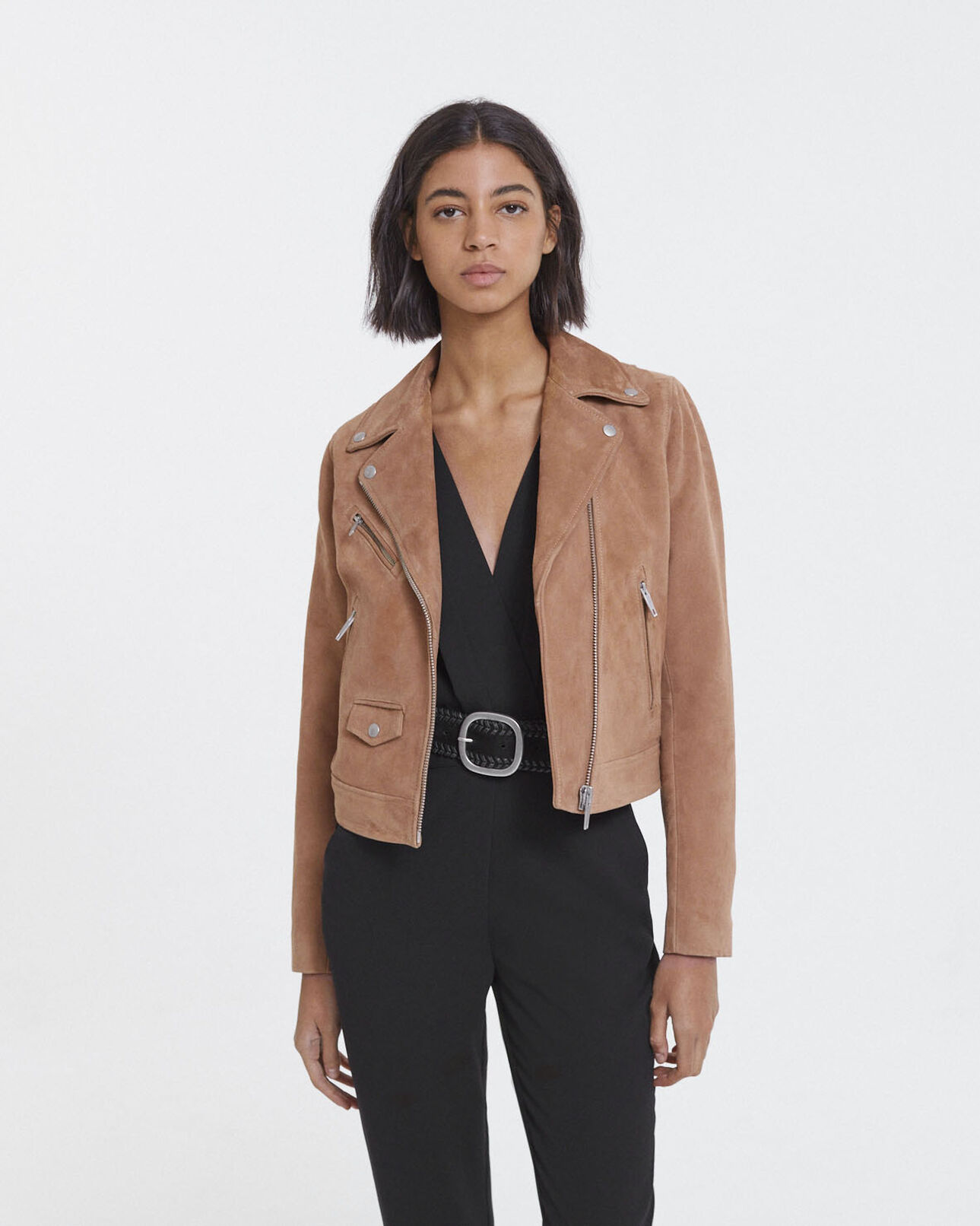 The Kooples MUJER CAMEL chaqueta biker camel piel ante cremallera