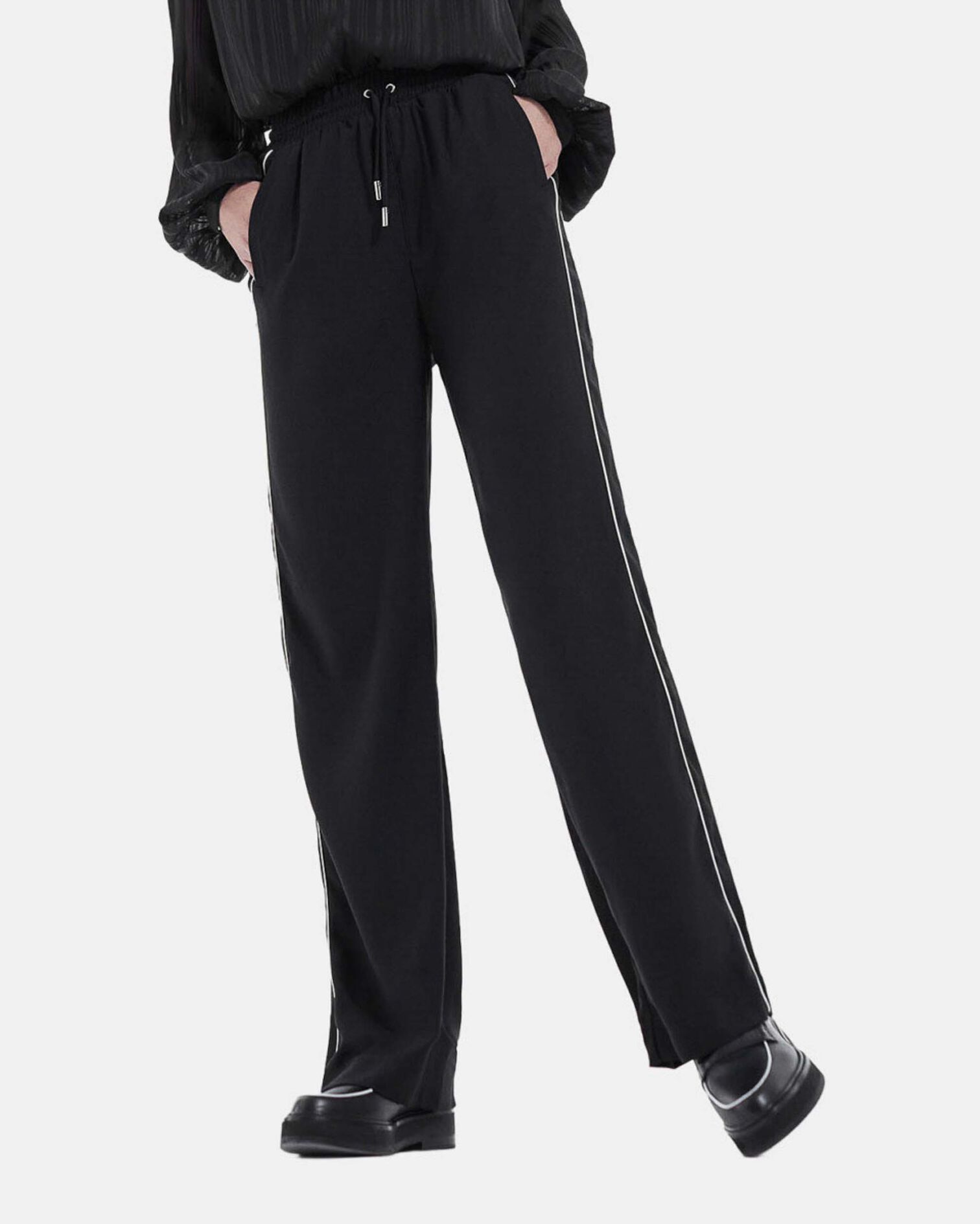 Flowing black satin pants with drawstring, BLACK, hi-res image number null
