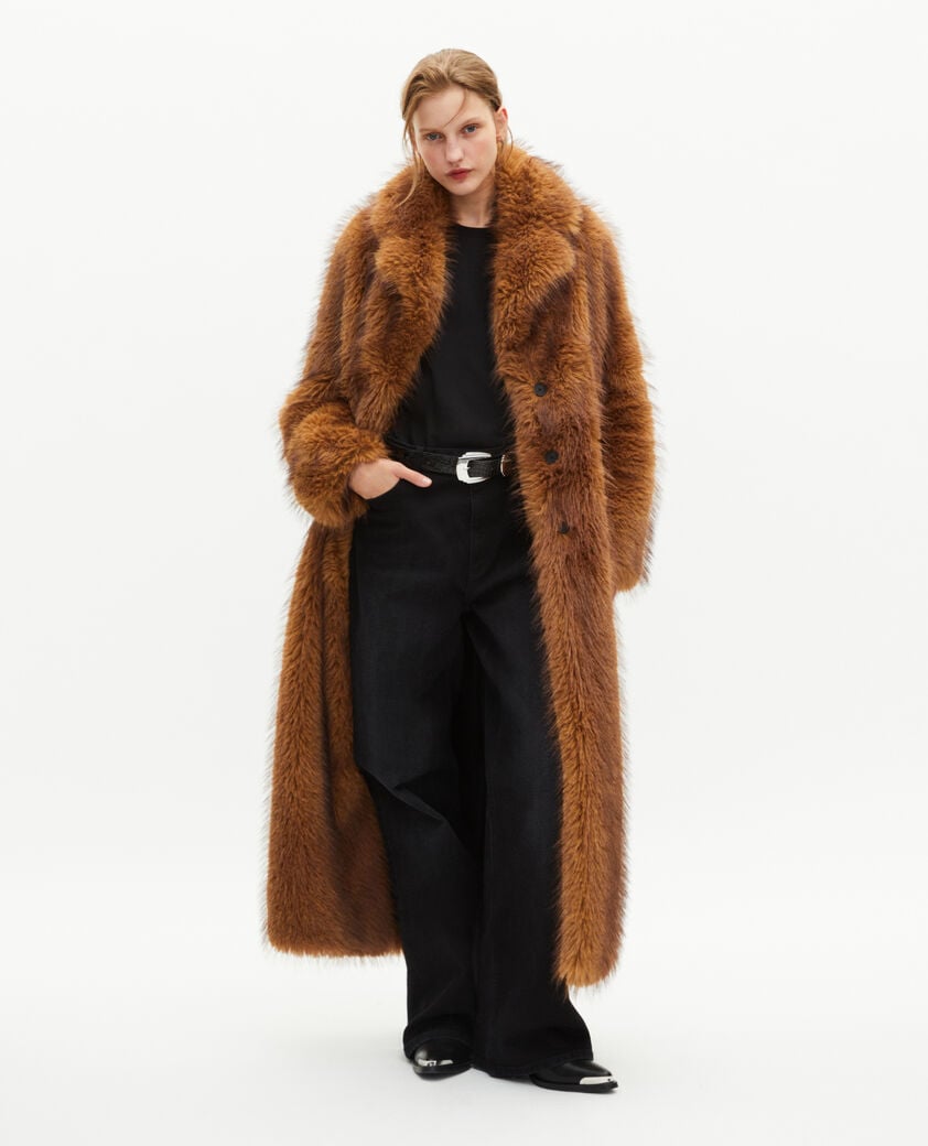 The Kooples DAMEN CHOCOLATE langer mantel in pelzoptik braun