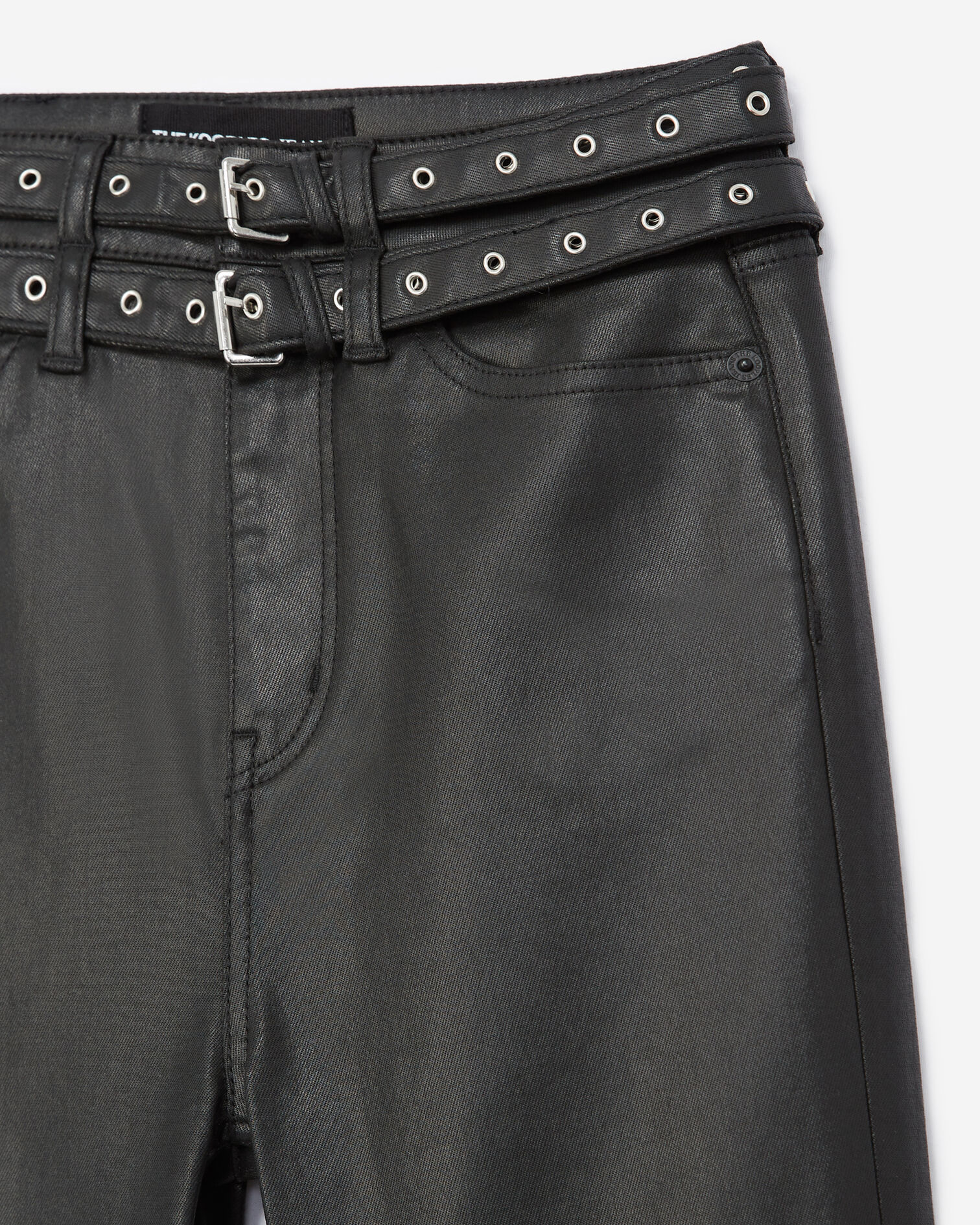 Faux leather jeans with double belt, BLACK, hi-res image number null
