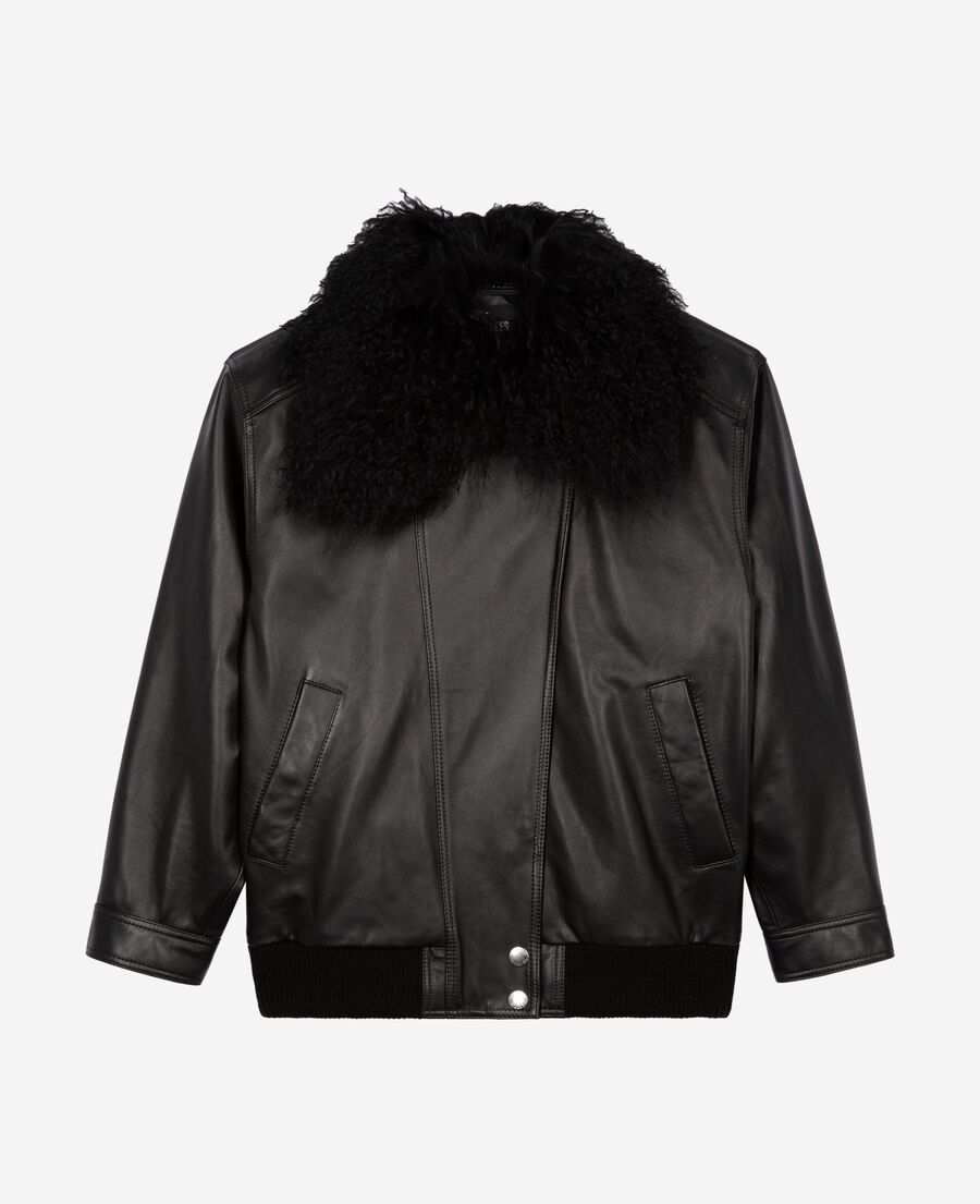 The Kooples F BLACK leather jacket with removable fur collar, black