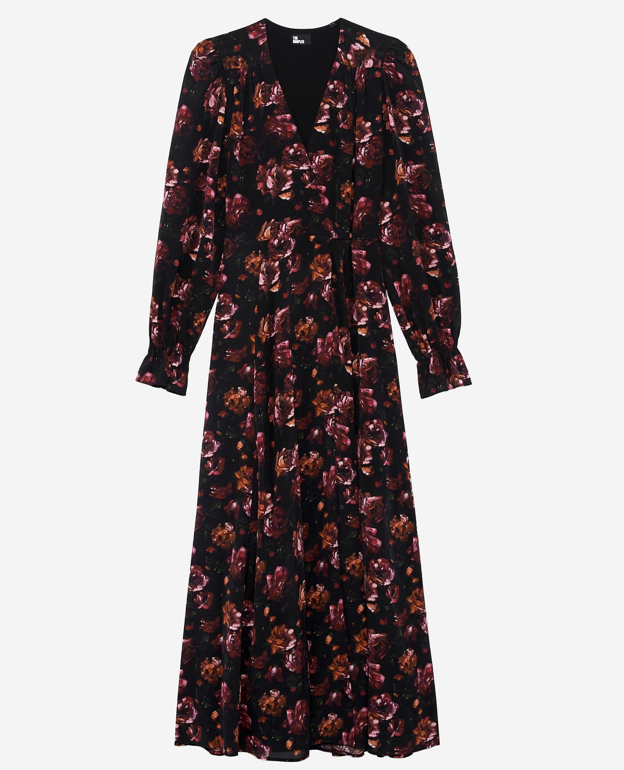 Burgundy silk blend floral print long dress, BLACK - RED, hi-res image number null