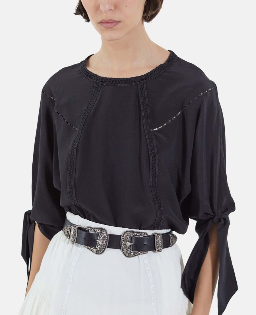The Kooples F BLACK black silk top with three-quarter length sleeves