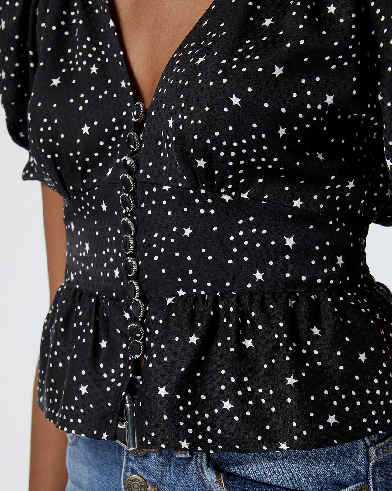The Kooples FEMME BLACK WHITE top boutonné noir motifs étoiles