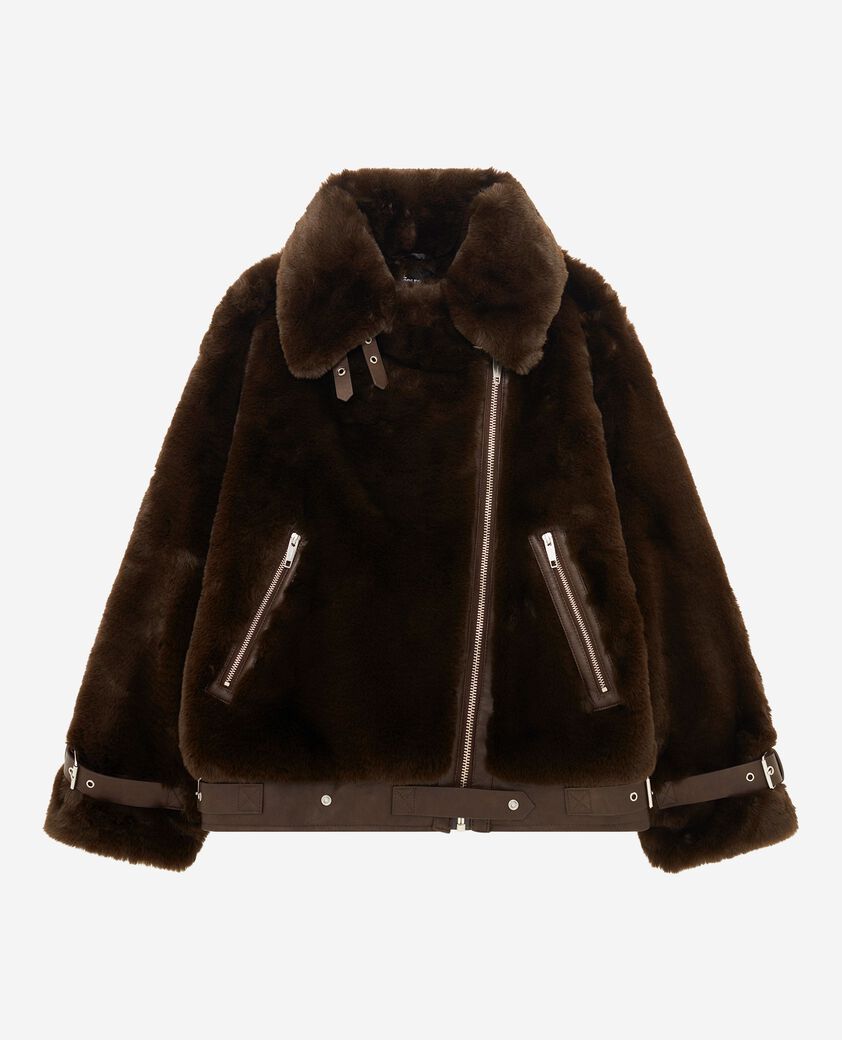 The Kooples WOMEN CHOCOLATE brown fur-effect aviator jacket