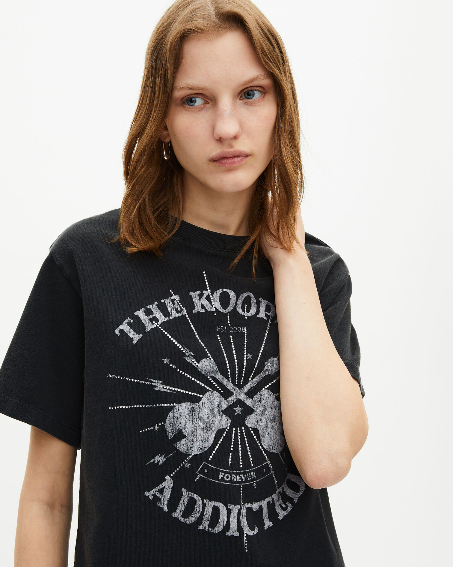 T-Shirt mit Siebdruck und verwaschenen schwarzen Strasssteinen, BLACK WASHED, hi-res image number null
