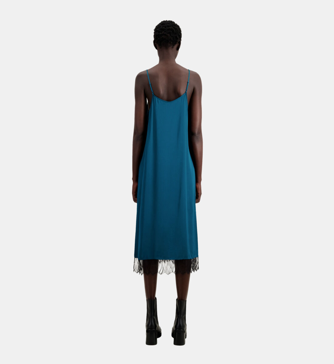Long blue slip dress with lace details