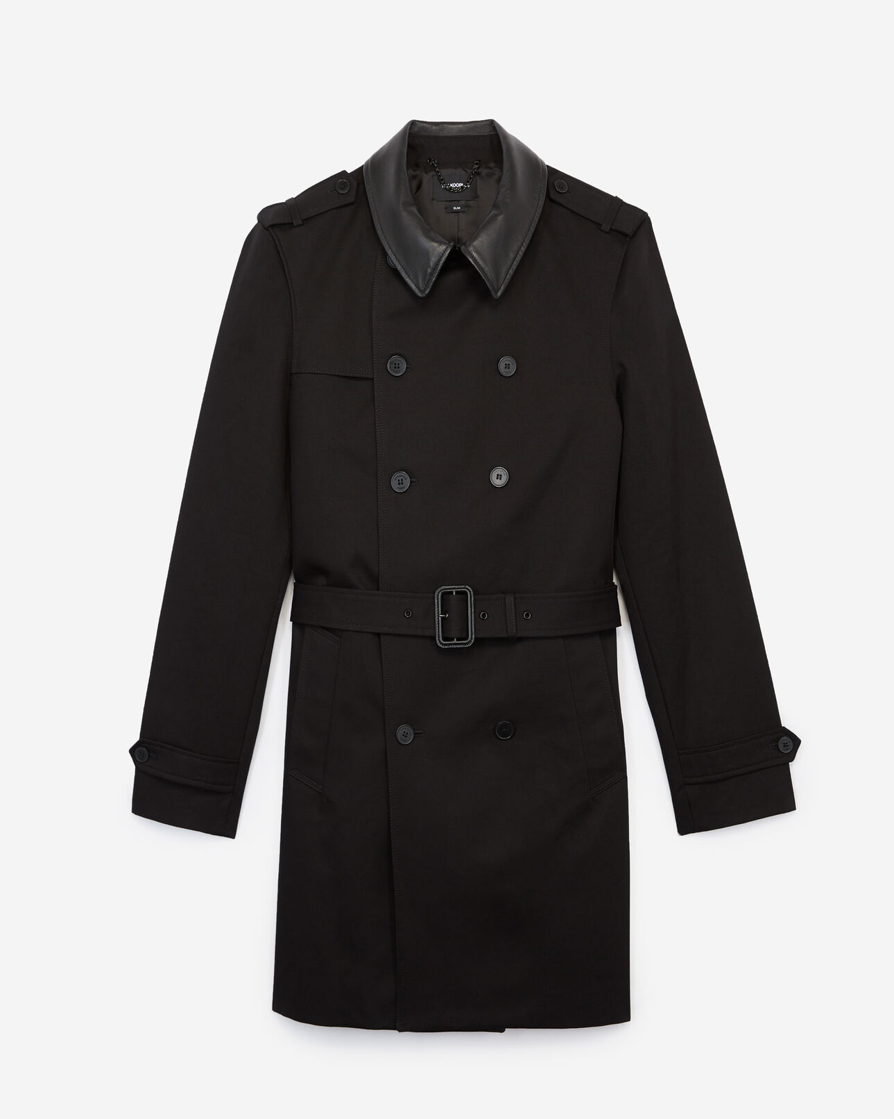 The Kooples HOMME BLACK trench noir coton style croisé col cuir