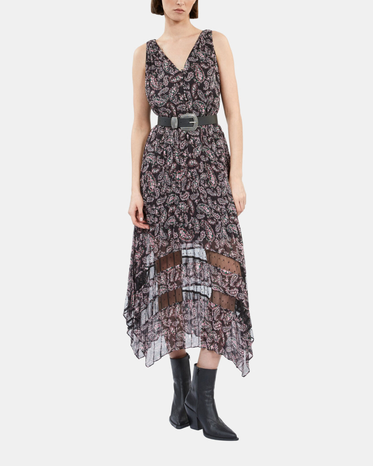 The Kooples FEMME BLACK / PINK robe longue plissée imprimée