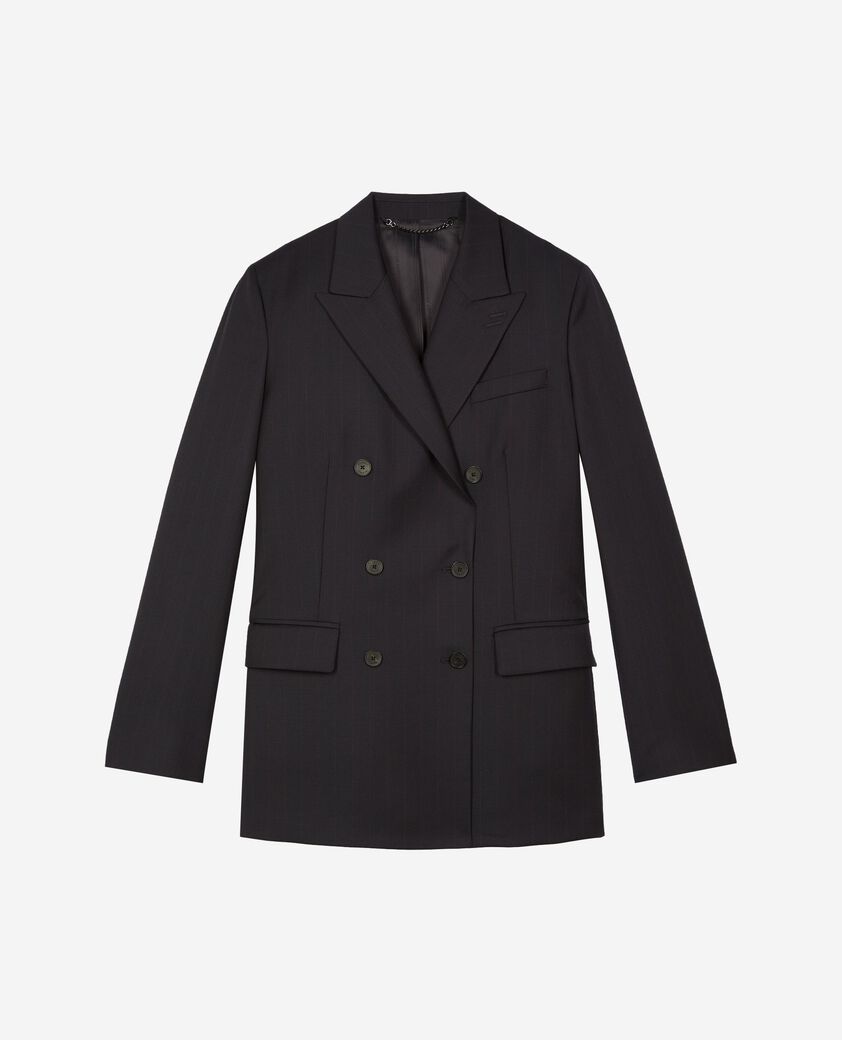 The Kooples FEMME NAVY-RED veste tailleur crois&eacute;e en laine ray&eacute;e marine